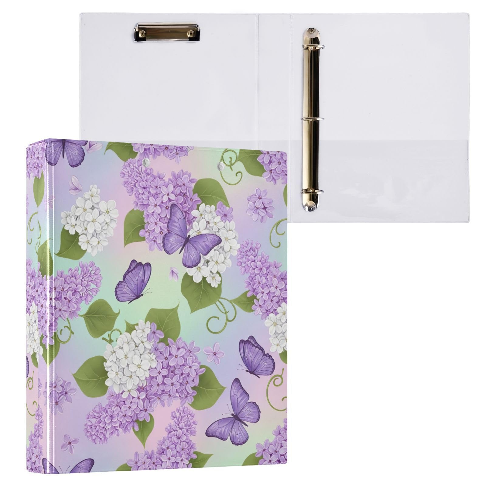 Carpeta de 3 anillas, flores blancas, pétalos morados, carpeta de anillos en D, paquete de 2 | Con portapapeles y bolsillos, para escuela, universidad, oficina
