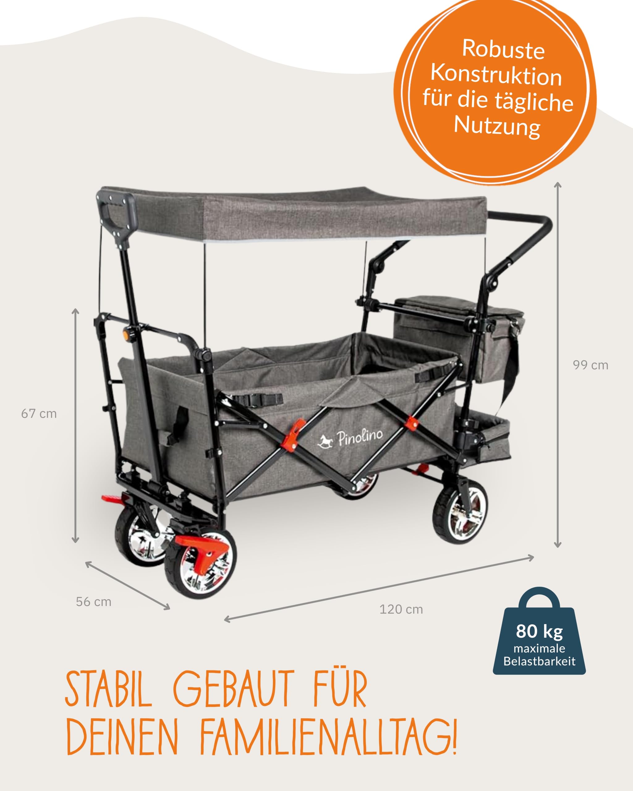 PINOLINO AddPlus Bollerwagen faltbar mit Bremse – Transportwagen mit Schutzhülle, höhenverstellbarer Schiebegriff, All-Terrain PU-Reifen, Stahlachsen, 80 kg Tragkraft, Ladefläche 120×56×67 cm, grau