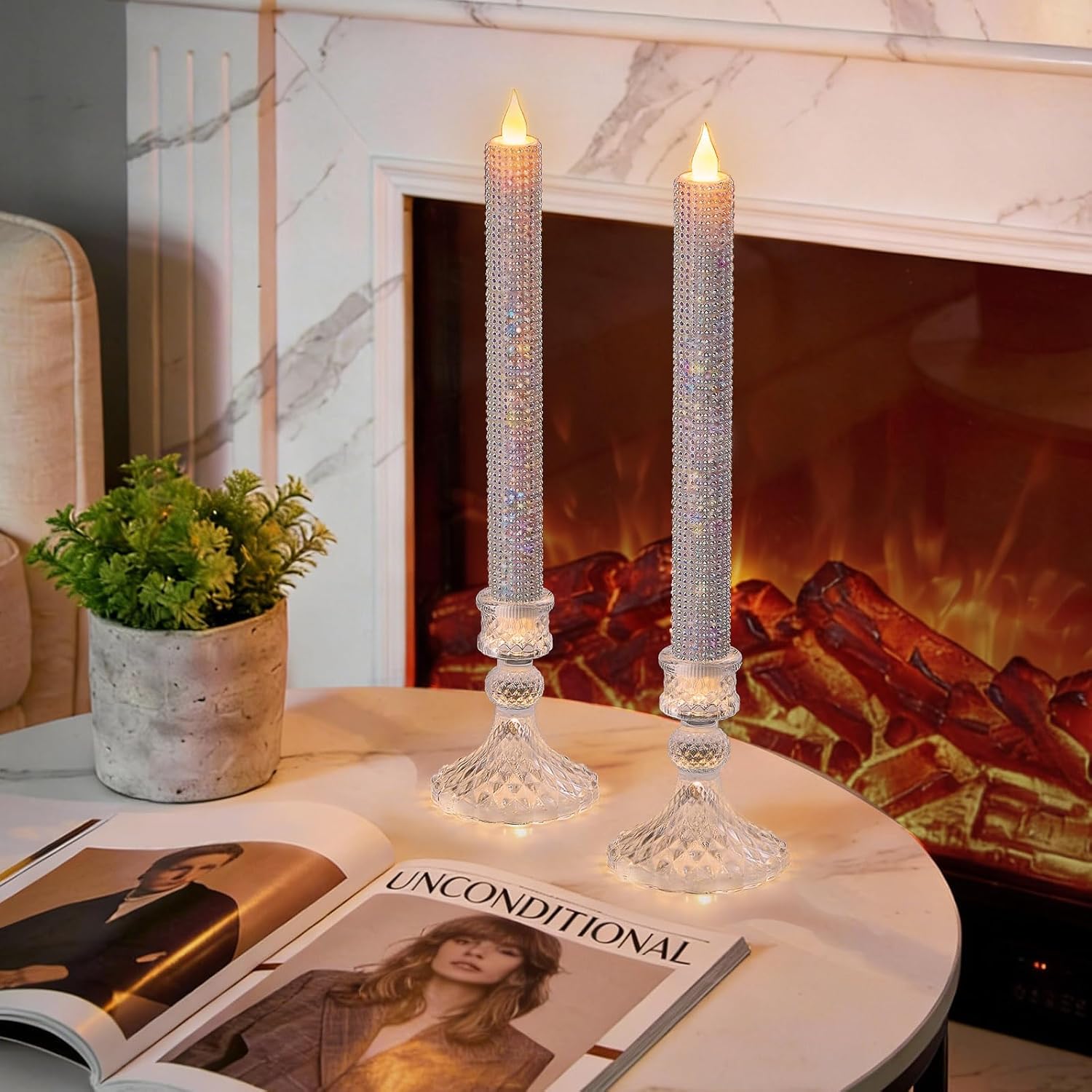 LED Flameless Taper Candles with Remote Control,Set of 2, Silver Glitter Finish, Crystal Glass Candlestick Holders, Timer Function (White LED)