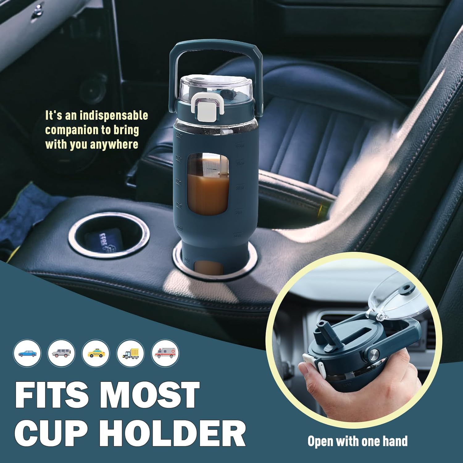 BLUEGO 32oz Glass Tumbler with Lid and Handle, Iced Coffee Cup with Straws, Glass Water Bottle with Silicone Sleeve and Volume, Marker Glass Cup with Time Marking, BPA Free, Dark Blue - Image 5