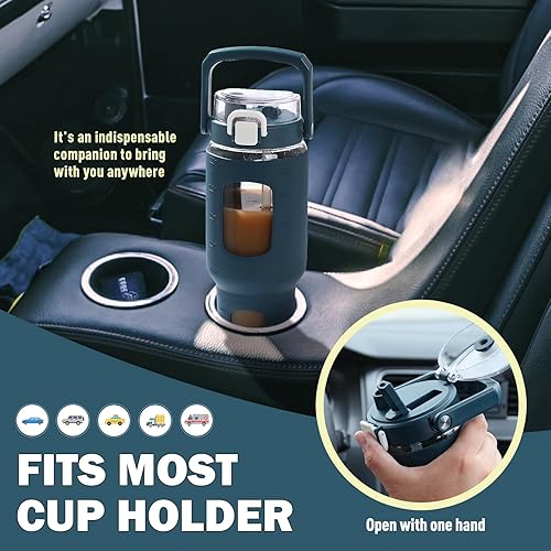 Miniatura 5 de BLUEGO Botella de agua de vidrio de 32 onzas con asa y popote, botella de vidrio deportiva a prueba de fugas con marcador de tiempo y funda de