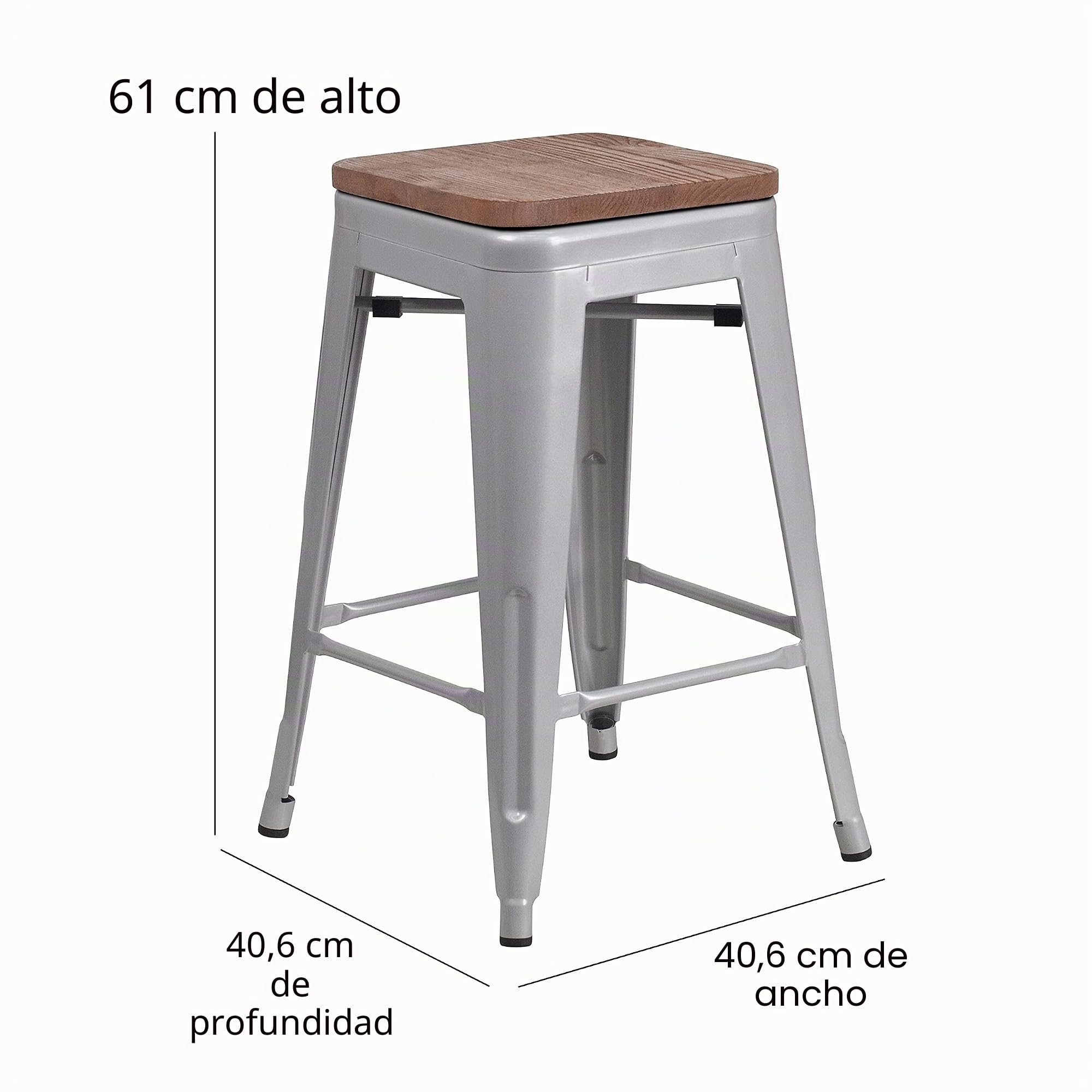 Flash Furniture Juego de 4 taburetes de altura de encimera, grado comercial, 61 cm, sin respaldo, metal, para interiores y exteriores, asiento cuadrado, acero galvanizado, plástico, color plata