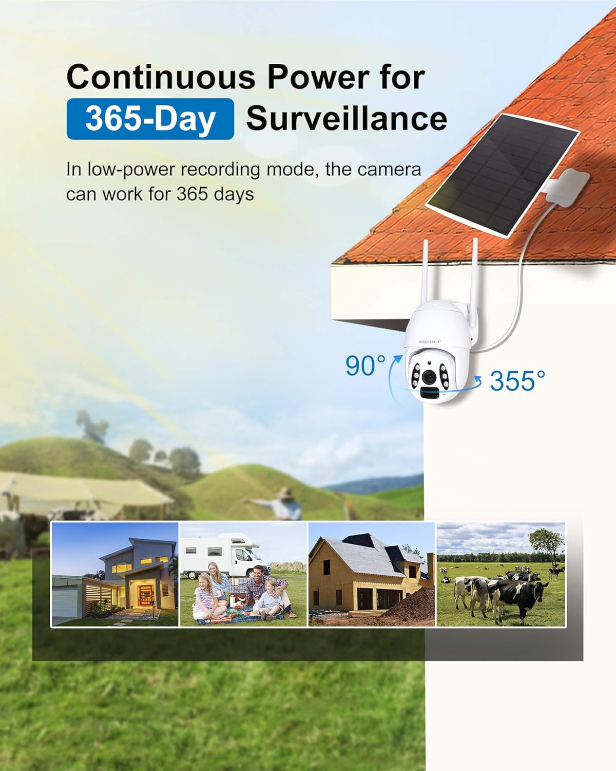 365 日間の監視を可能にする継続的な電源。355 度のパンと 90 度のチルト機能を備えたカメラを搭載。