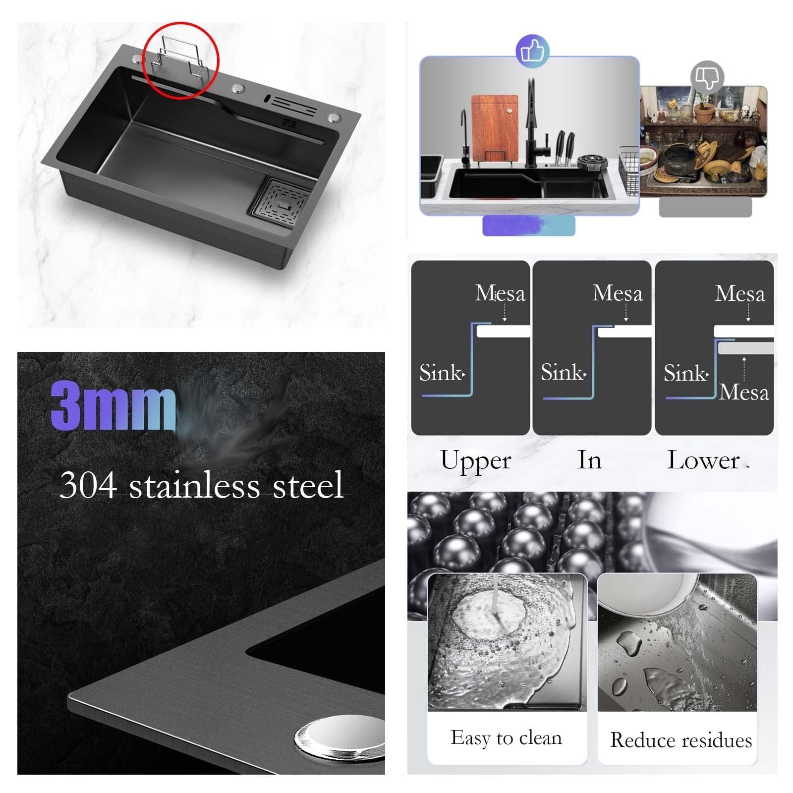 SDdPulse Lavello da bar in acciaio inox di alta qualità con lavabiancheria in vetro e rubinetto, multifunzione, a cascata, per uso domestico e commerciale, nero, 75 x 45 cm
