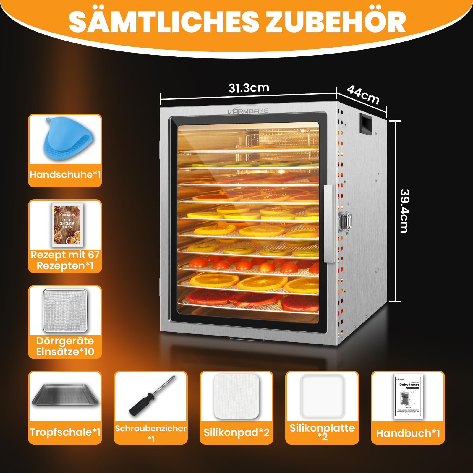 Suszarka ze stali nierdzewnej, 10 poziomów, 0,84 ㎡ powierzchnia suszenia, 30-90°C, duża suszarka do owoców, 800 W, do warzyw, mięsa, pomidorów, 316 tac (29 x 29 cm)