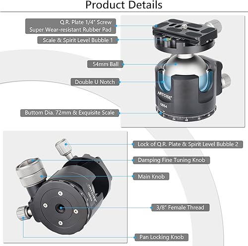 Miniatura 4 de Cabeza de bola de perfil bajo, bola única de 2.126 in, cabeza de trípode panorámica 360, cabeza de bola de metal de aleación de aluminio CNC Arca