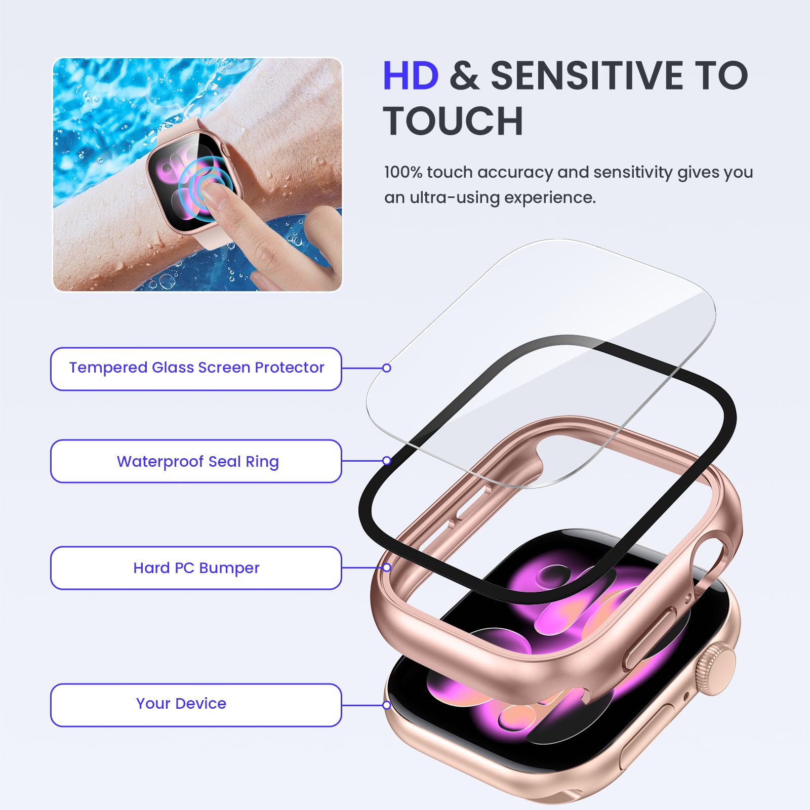 Kamita Wodoodporne etui kompatybilne z Apple Watch Series 10 42 mm z wbudowaną folią ochronną ze szkła hartowanego, twarde etui ochronne z poliwęglanu (różowe złoto)