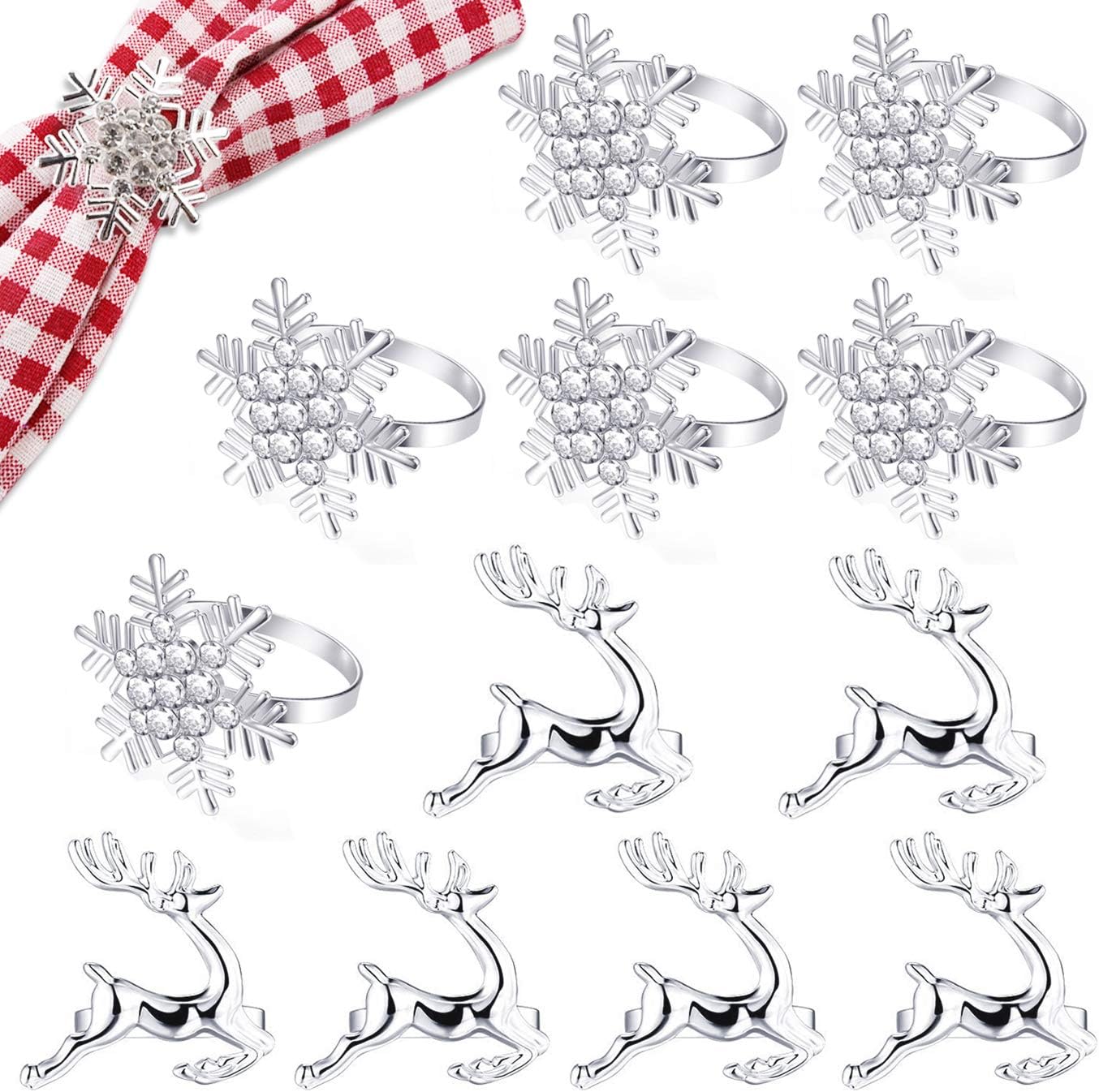 One-Day Sale: Up to 70% Off KONUNUS Christmas Napkin Rings Set of 12 Pieces Rhinestone Snowflake Napkin Rings and Deer Napkin Rings for Christmas Holidays Dinners Party Supplies Everyday Use, Silver