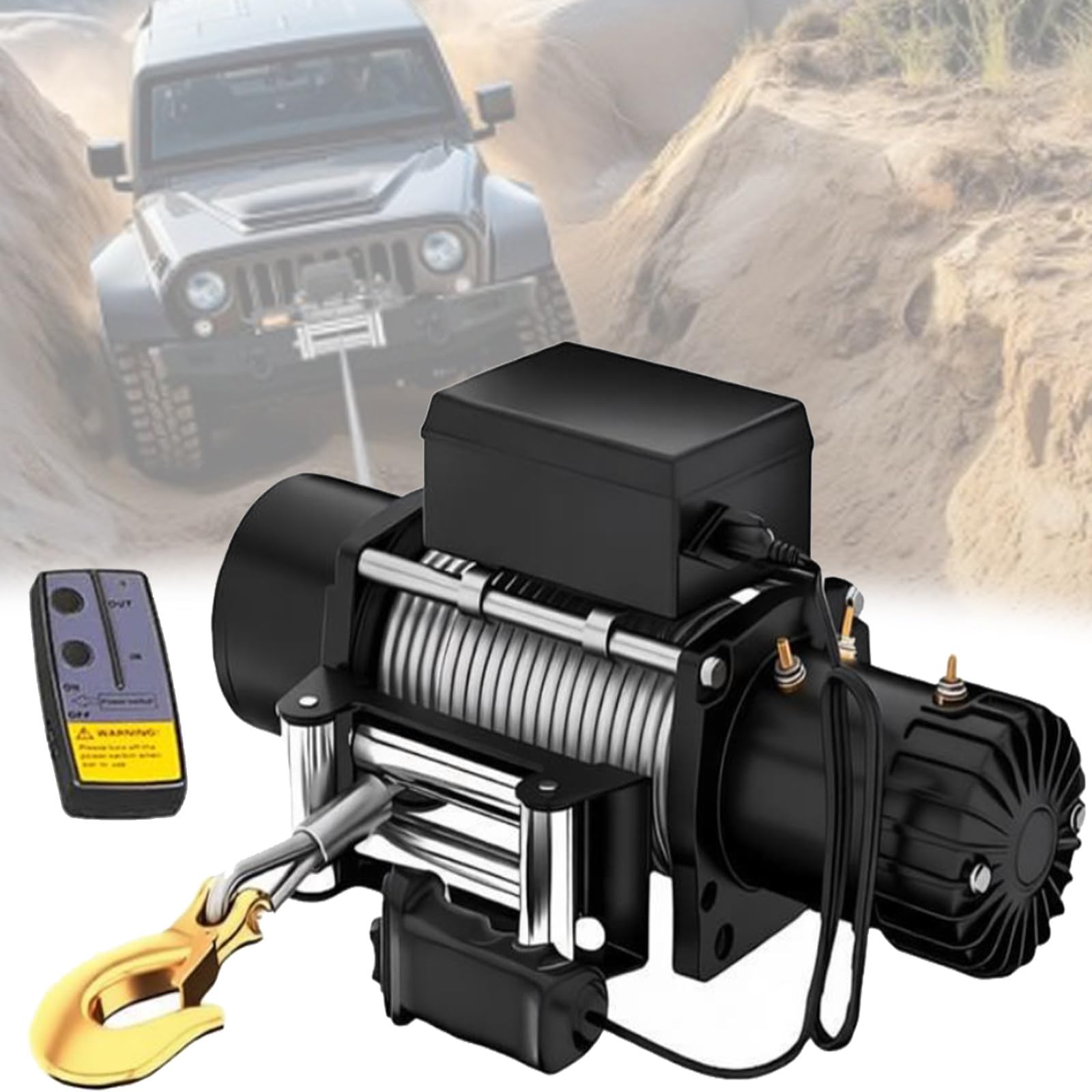 Wyciągarka elektryczna ze stalową liną (3000/3500/4000/4500/6000 lbs) do holowania SUV-ów, Jeepów, przyczep i pojazdów terenowych – 12V/24V, sterowanie bezprzewodowe i przewodowe 3000LBS-24V
