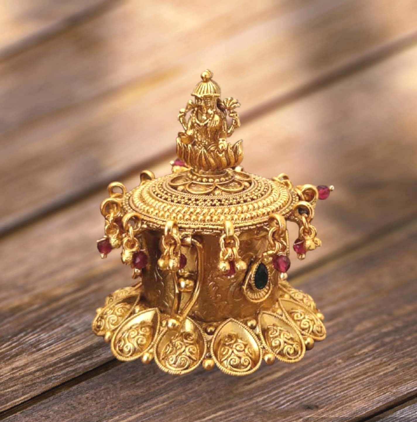 Denique Brass Sindoor Box Gold Plated Sidoor Pot Gold sindoor Dani/Wedding Gift/Pooja Accessory/Kumkum Dabbi,(OM) Laxmi Kempu StoneLatkan 2