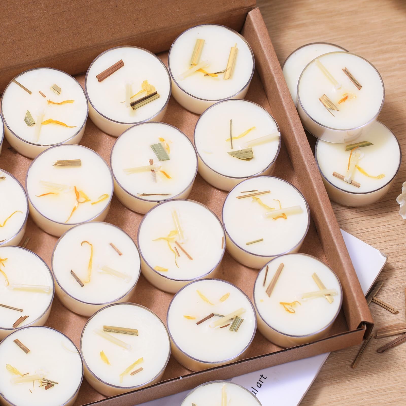 16Pcs Citronella Scented Tealight Candles, Palm Wax White Tea Lights, 4h Long Burning Tea Light Candles with Dried Flowers for Holiday, Wedding, Spa,
