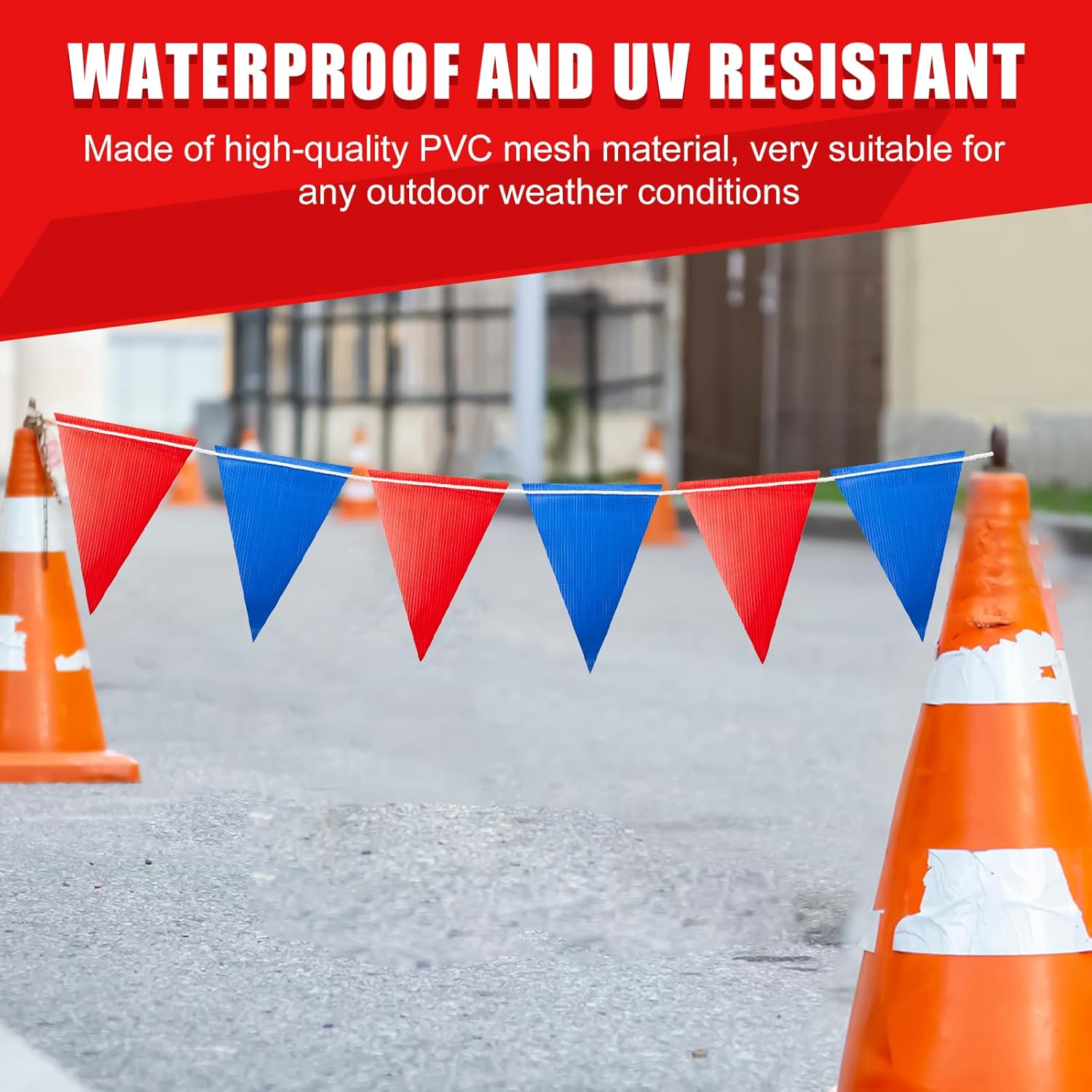 Safety Warning Pennant Banner Flags – 105FT OSHA High Visibility Colored Triangle Flags for Construction Zones, Roadwork, and Hazard Areas(BLUE+RED,45PCS) - Image 7