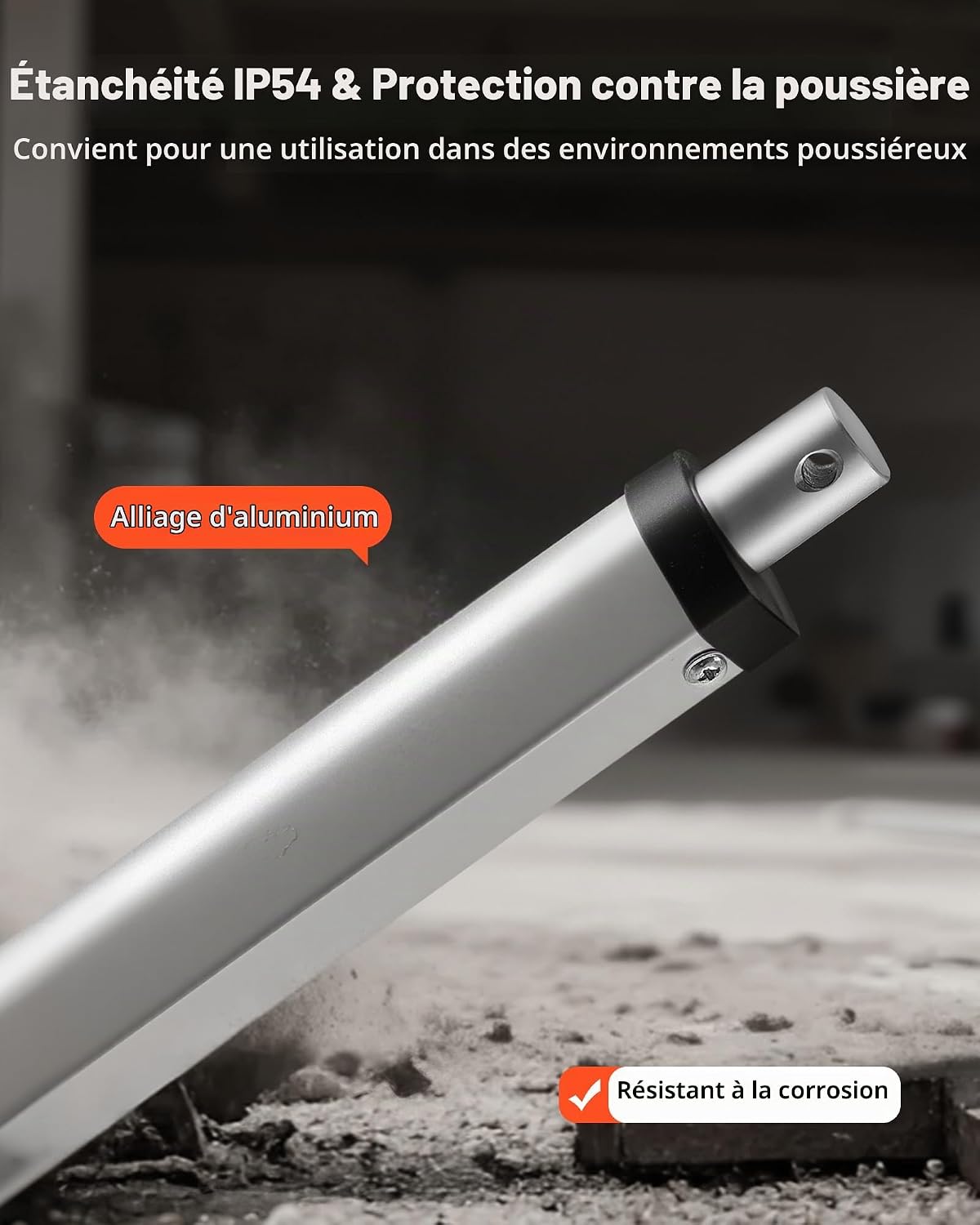 Close-up of a linear actuator showing its aluminum alloy construction and highlighting its IP54 dust and splash protection, with a note about corrosion resistance.