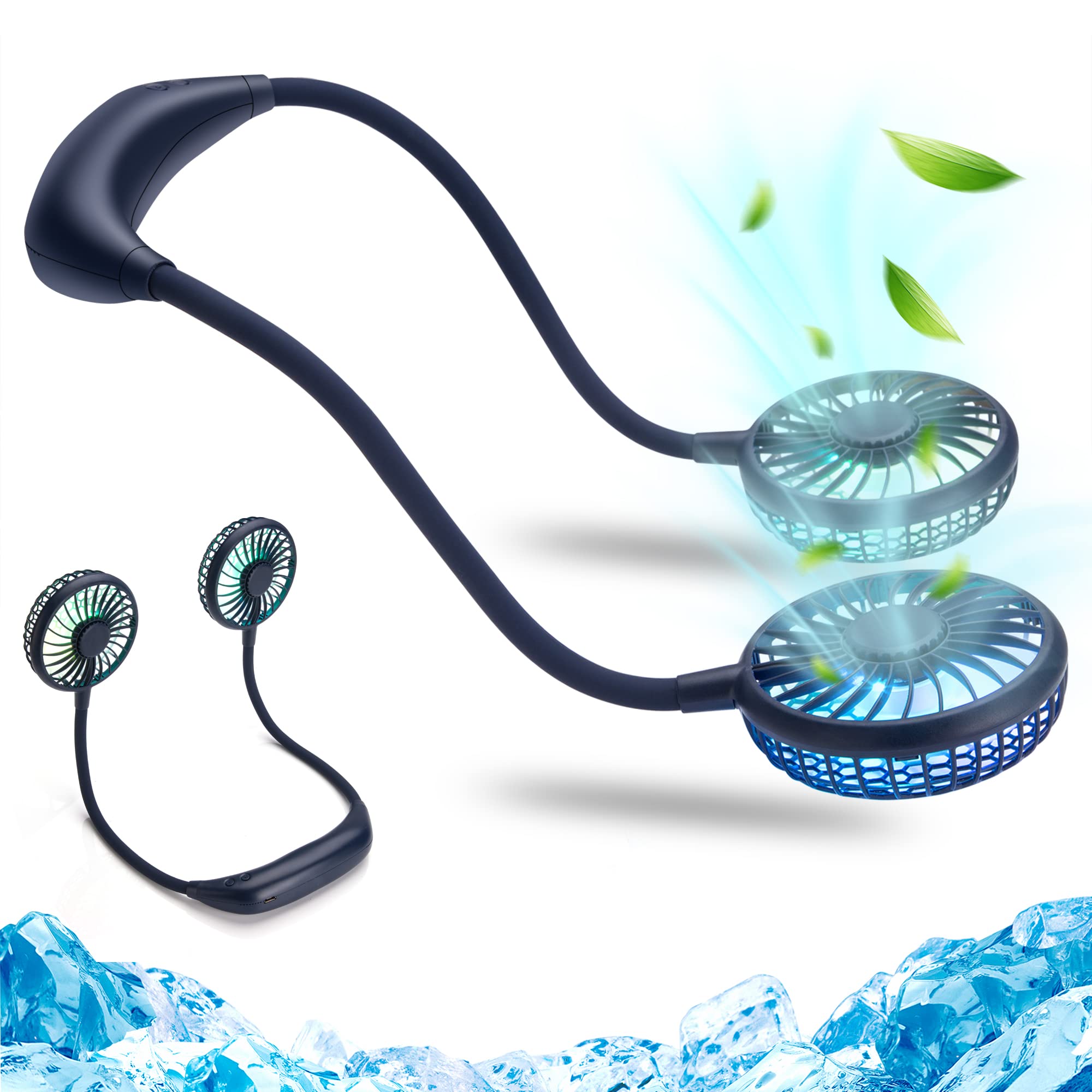 Photo 1 of MYpro Personal Neck Fan,USB Rechargeable Battery Operated Portable Fan with 3Speeds,Strong Wind and RGB Light,Ultra Quiet Hands Free 360° Adjustable Wearable Fan for Camp Home Office Outdoor Travel (Navy Blue)
