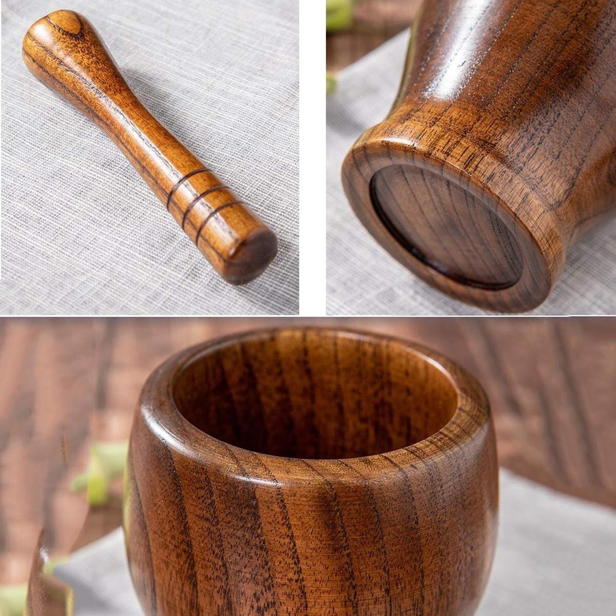 Mörser-Stößel-Set, Stößel und Mörser, Holz, Gewürzmörser aus Holz, Mahlbecher, Gewürzzerkleinerer, Mühle, Gewürzmörser mit Stößel
