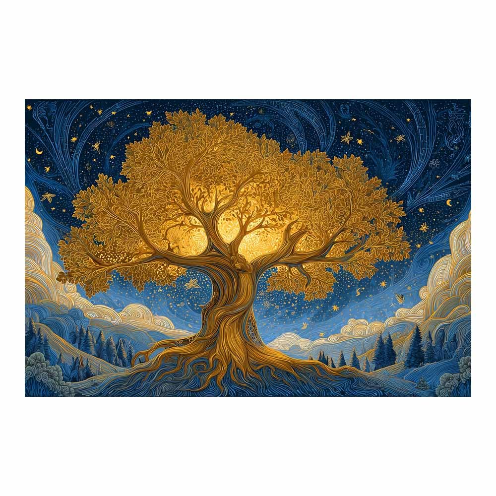 ZAMAEIU Tree of life wall decor Star-Companion Tree On Canvas Prints Poster Pictures for Living Room Bedroom Home Office Wall Decoration(golden)-80x120cm Unframed