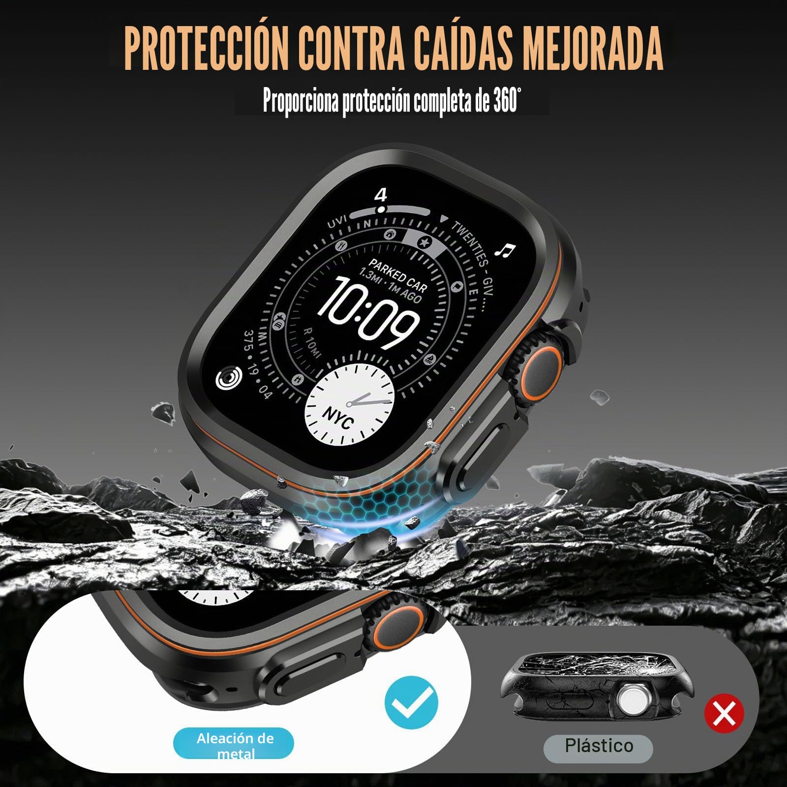 Funda Metal Resistente Compatible con Apple Watch Ultra 3/2/1 49 mm, Funda Protectora de Metal con Cubierta Trasera para iWatch 49mm, Negro/Naranja