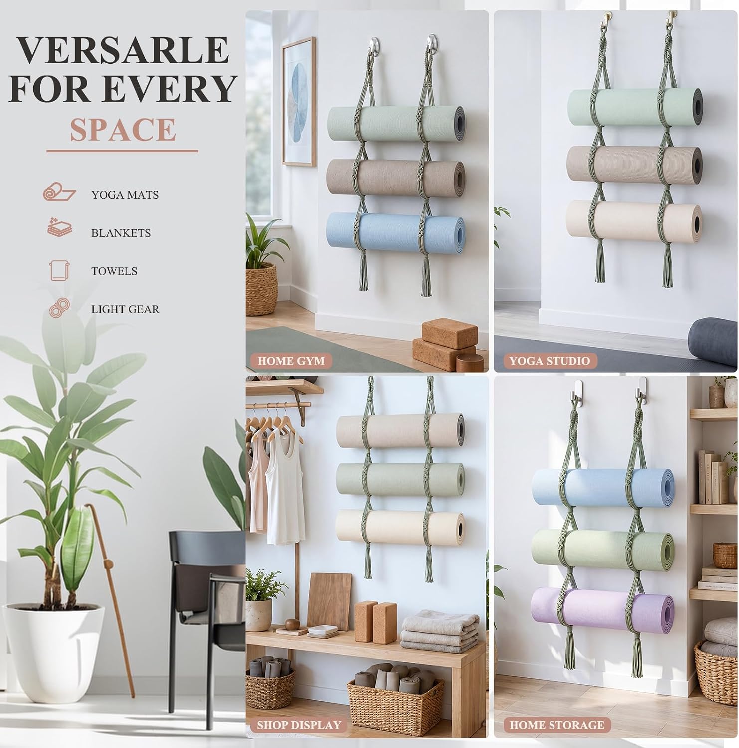 2 Pcs Yoga Mat Wall Mount, Boho Cotton Rope Hanging Holder Home Gym Storage