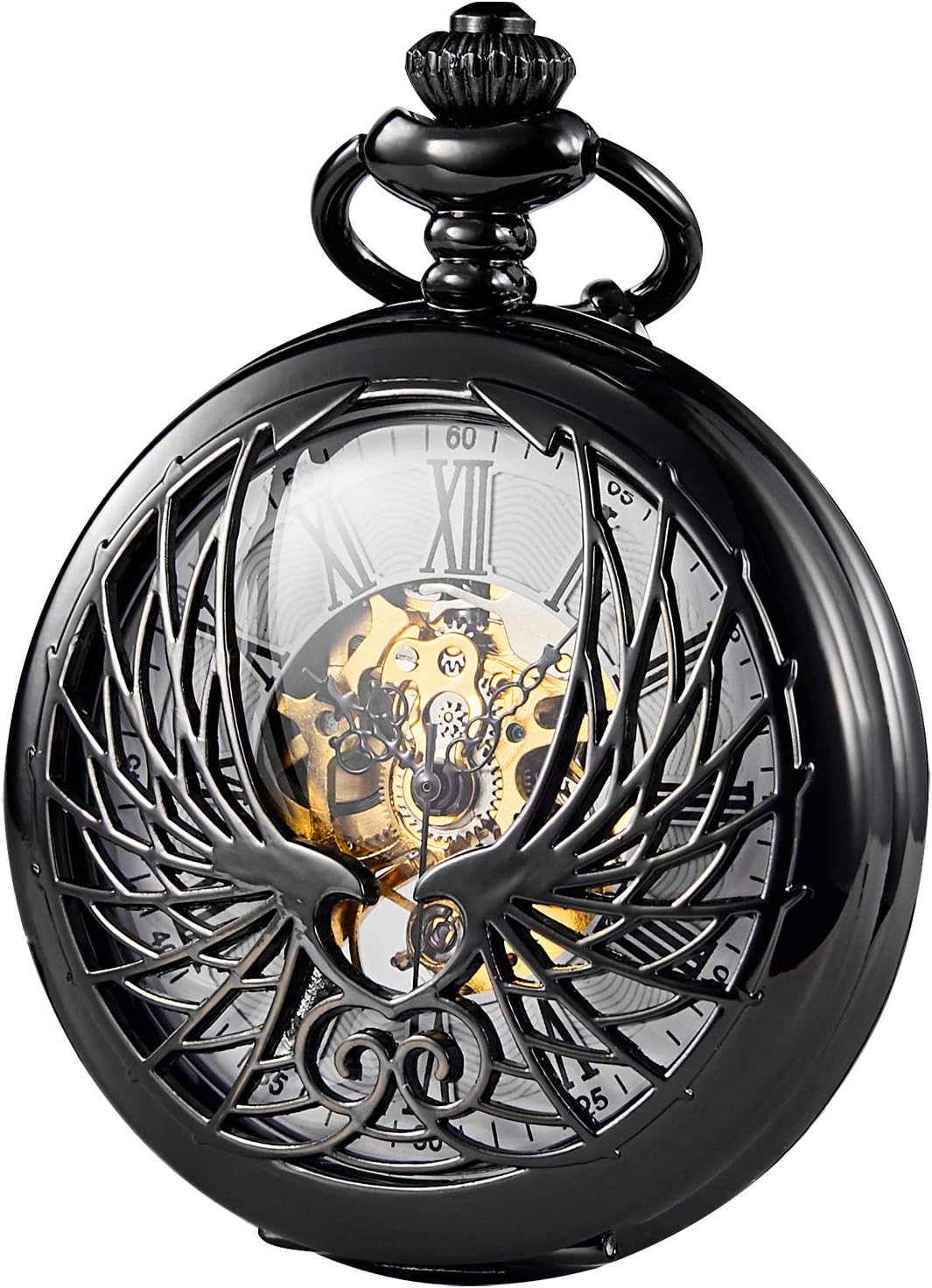 Skeleton Eagle Wings Design Black Case Roman Numeral Markers Mechanical Pocket Watch
