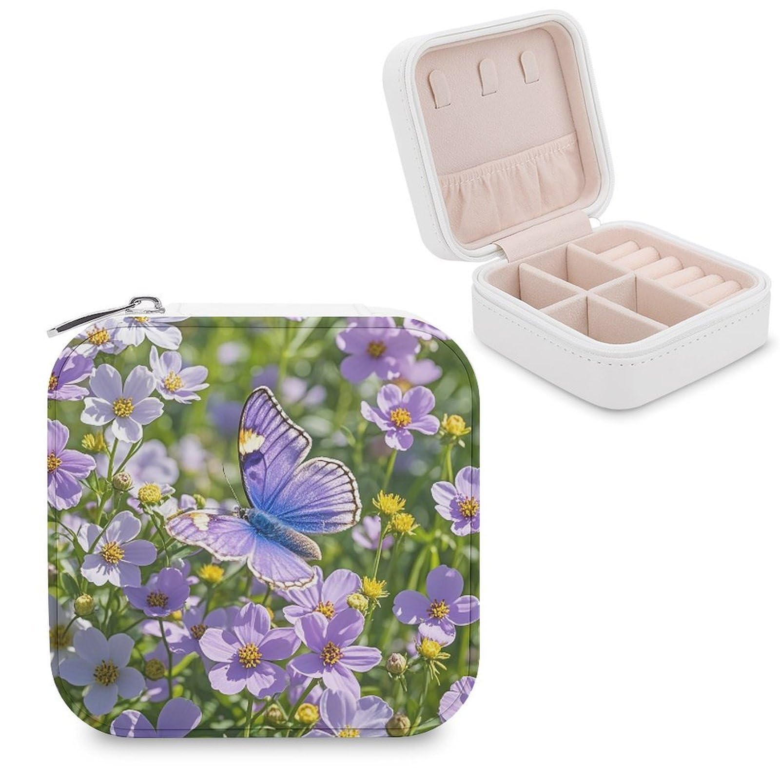 FekiLoot Purple Butterfly And Flowers Jewelry Case Personalized Leather Jewelry Box Mini Travel Jewelry Case Small Portable Jewelry Organizer for Ring Earrings Necklace Bracelet