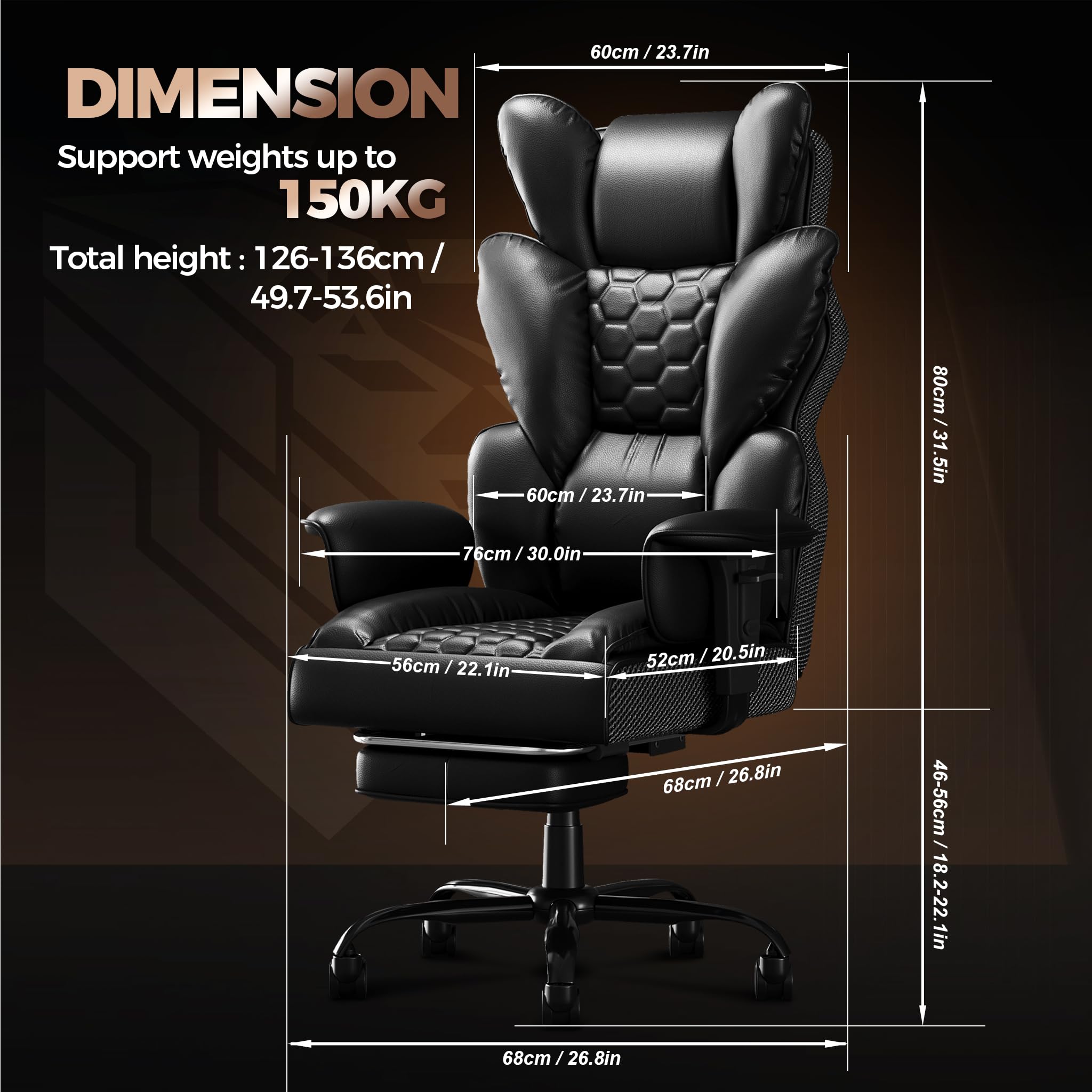 UISEBRT Ergonomiczny fotel szefa z podnóżkiem, regulowane podłokietniki w zakresie 150° i wysokość 126-136 cm, krzesło biurowe z poliuretanu, obciążenie 150 kg, do biura, domu i gier, czarny