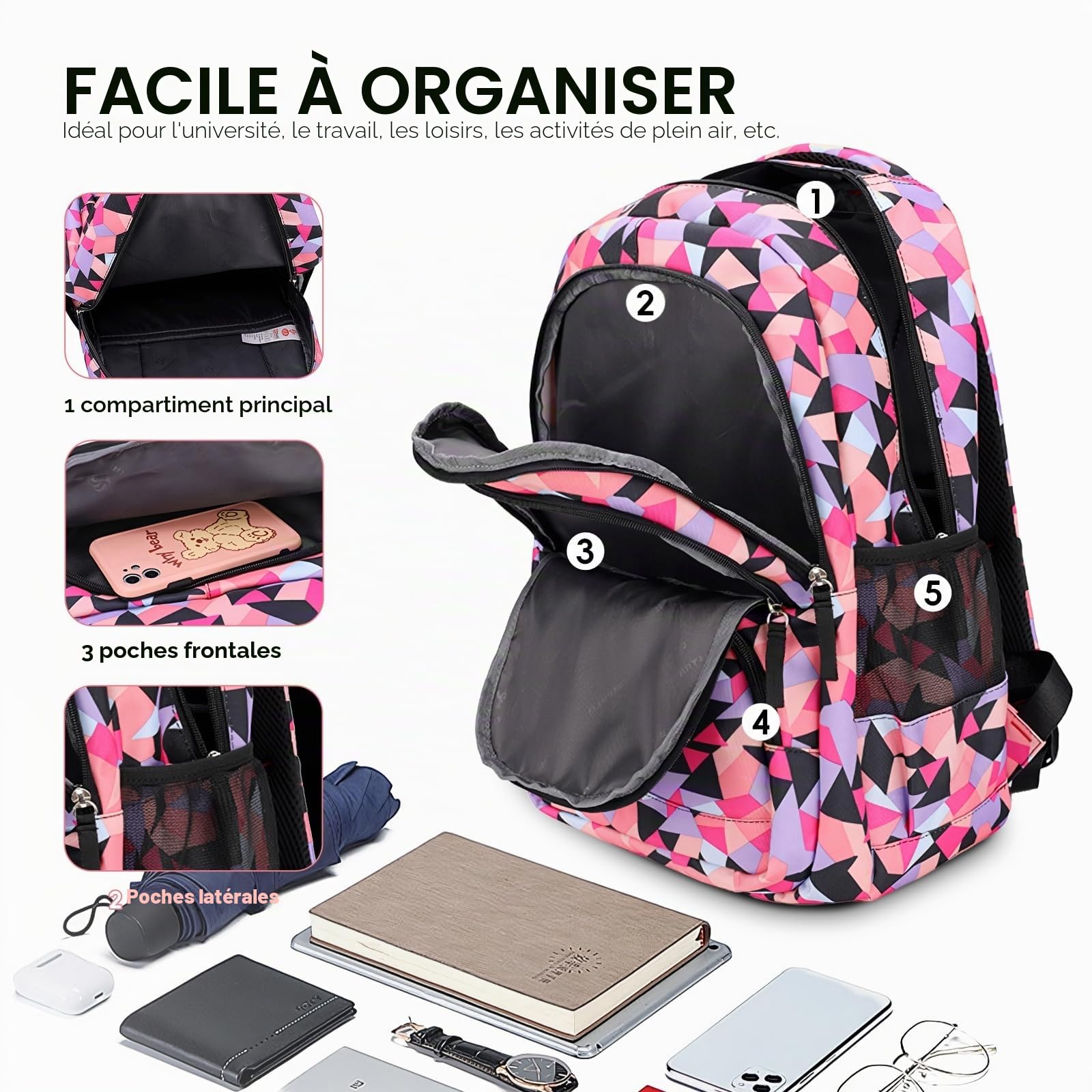 IvyH Sac à Dos Scolaire Set Fille 3 en 1 Cartable en Imperméable avec Sac à Crayons pour Enfant Adolescent Idéal pour l'École/Les Loisirs/Le Voyage/la randonnée