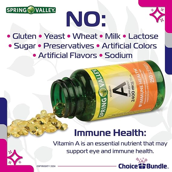 Spring Valley Vitamin A Supplement 2400 mcg Softgel 250 Ct 4 Pk (1000 Total) + Vitamin Vitality & Pill Container (6 Items)!