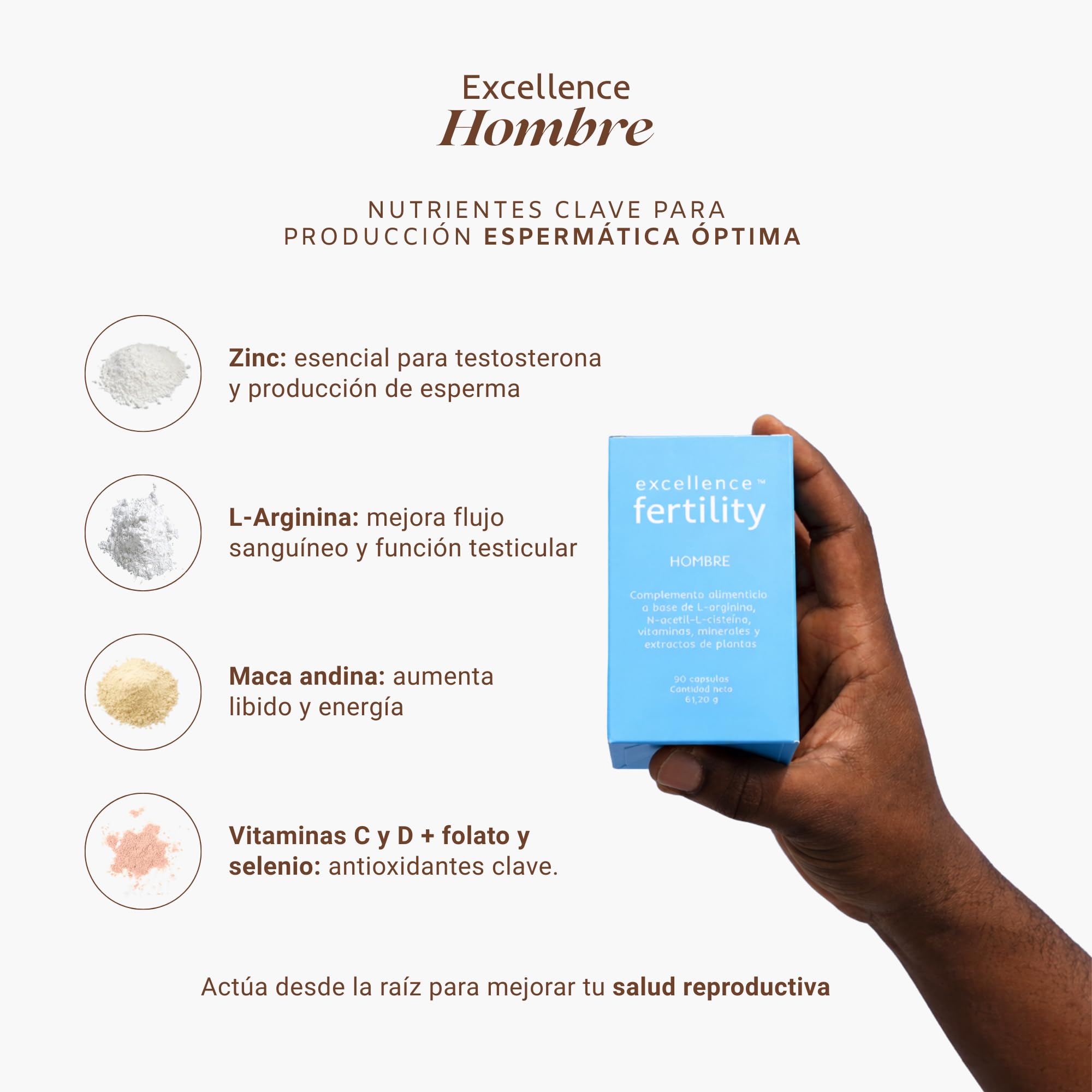 Suplemento Fertilidad Masculina - Excellence Hombre con Maca, Zinc, L-Arginina, Folato, Vitamina D y C – Energía, Vitalidad y Bienestar Masculino – 90 Cápsulas