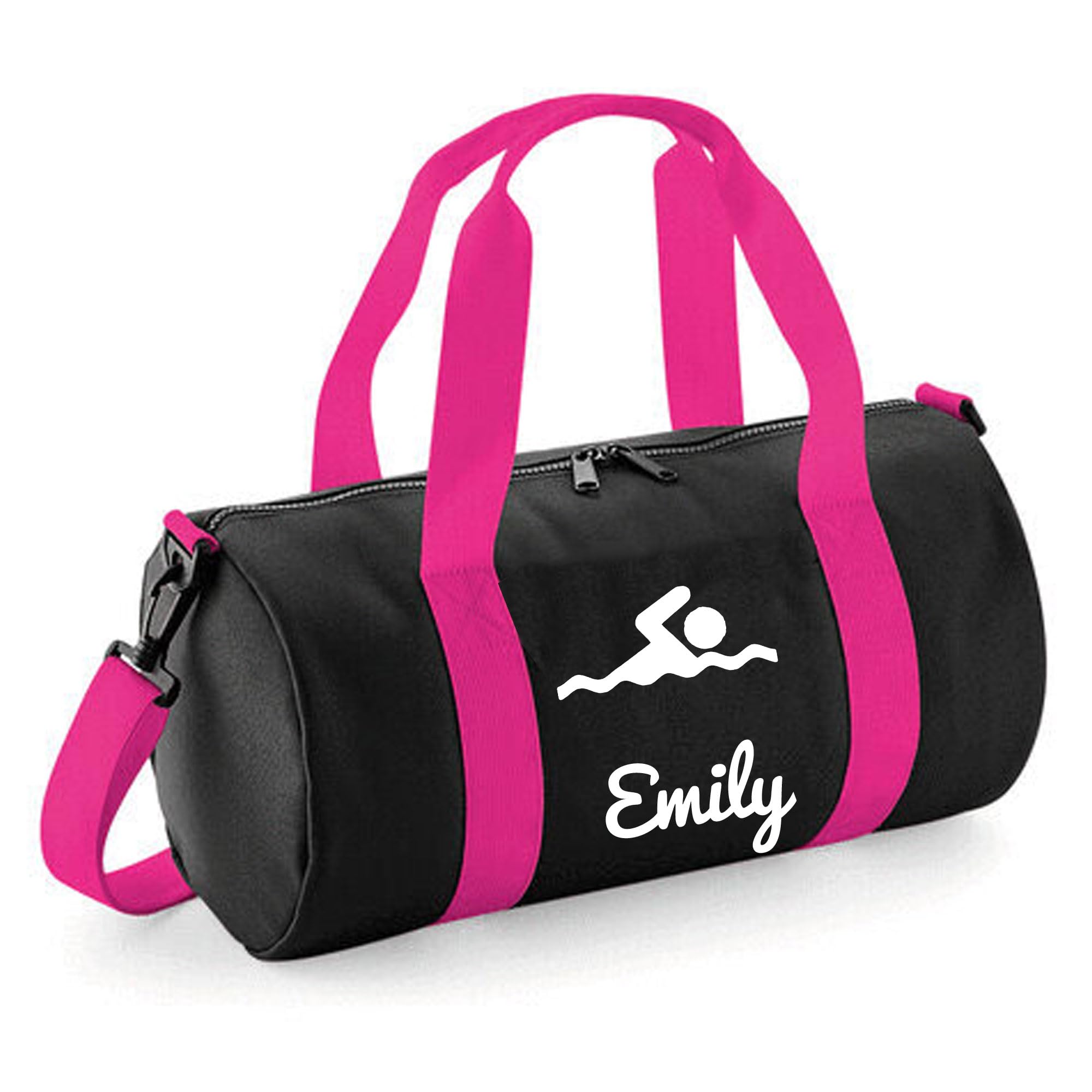 Personalised Swimming Barrel Bag Sports Holdall for Boys & Girls, 12L Durable Gym Bag Training Kit Bag, 20x20x40cm Stylish Sports Equipment Storage - Black/Hot Pink