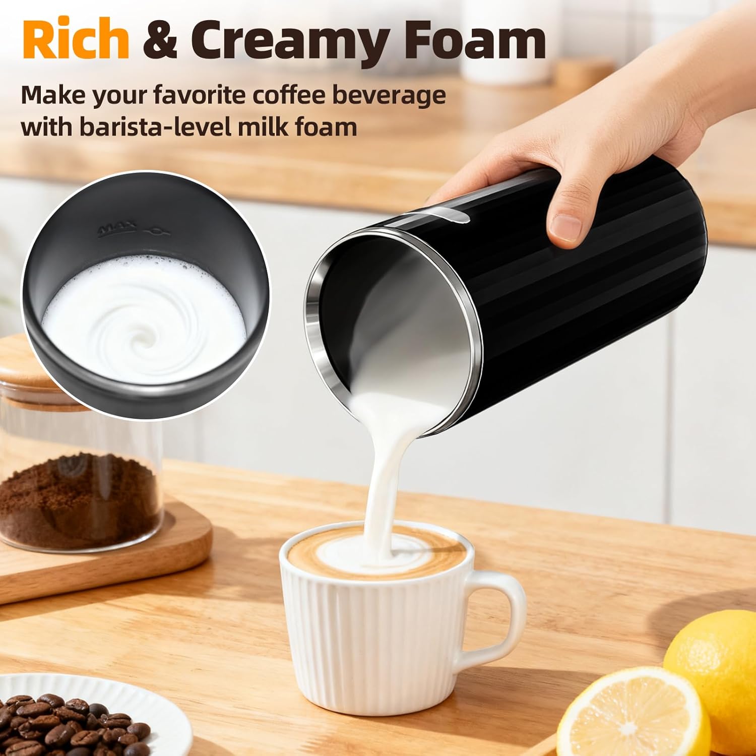 Milk Frother, 6-in-1 Electric Milk Steamer, 8.5oz/250ml Automatic Warm and Cold Foam Maker and Milk Warmer for Latte, Cappuccinos, Macchiato, From the Makers of Instant 400W, Black