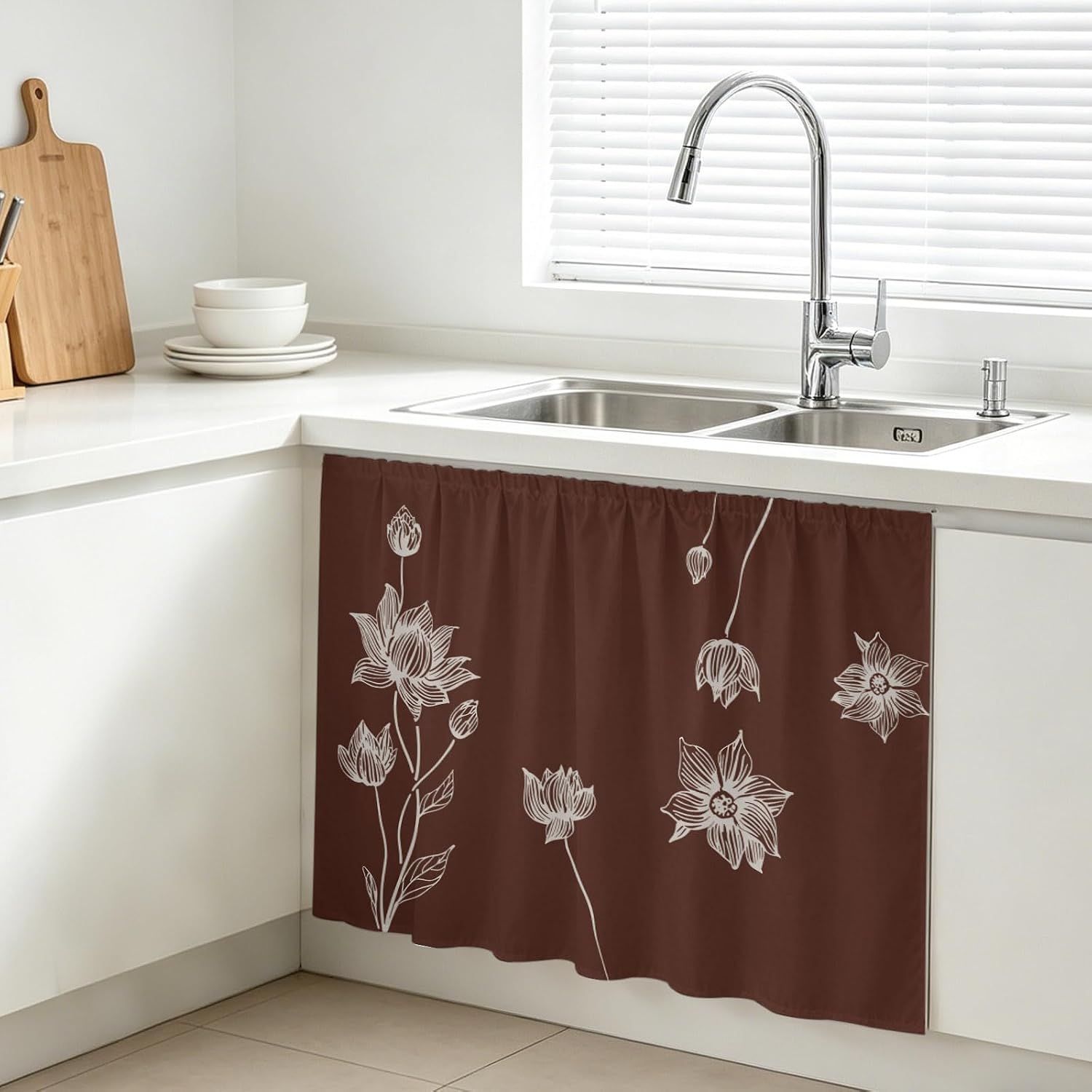 QueenKer Flowers Dishwasher Cabinet Curtains 10 x 11 Inch Japanese Floral Leaf Harmony Brown Sink Skirt Short Dishwasher Curtain for Kitchen Bathroom Laundry Room Classroom
