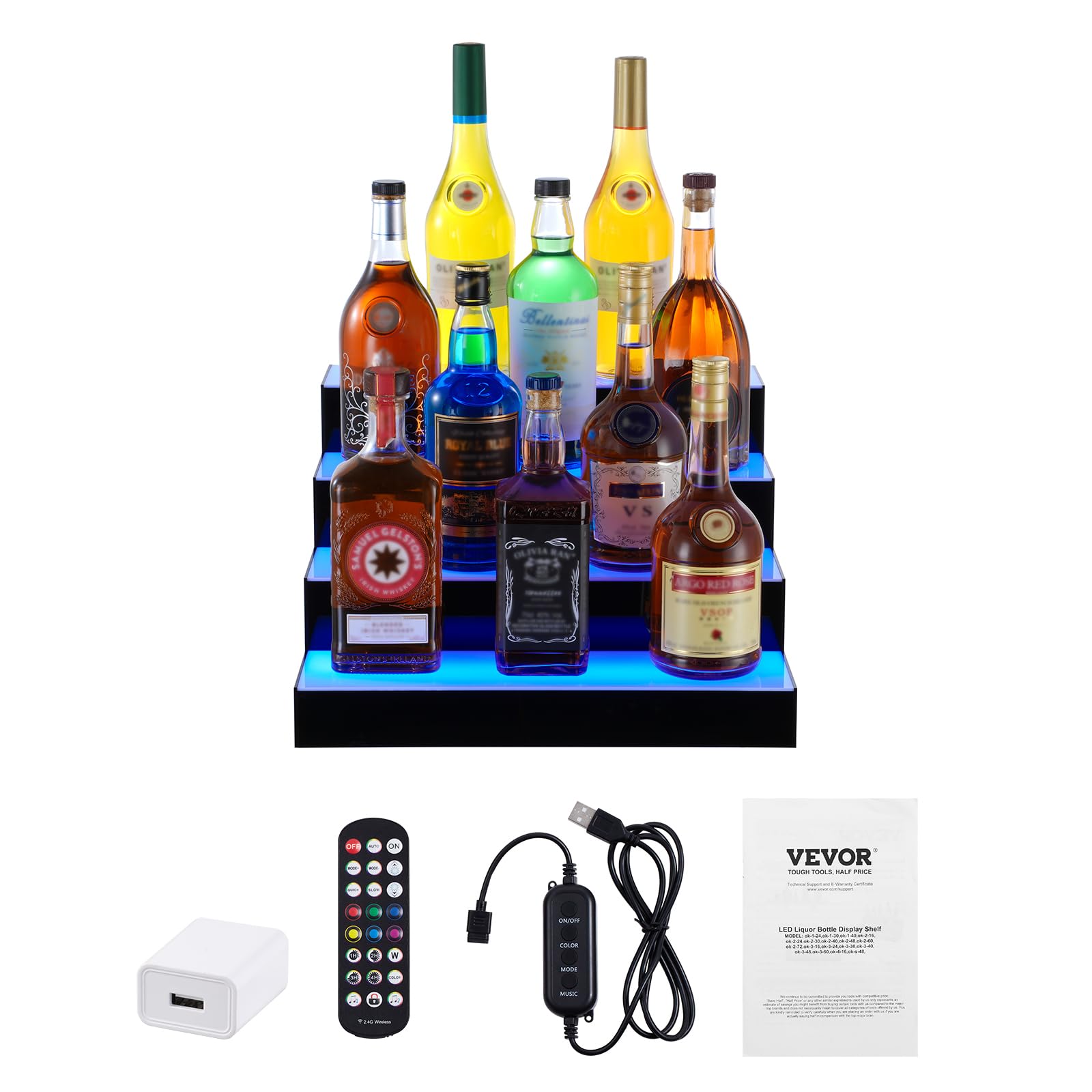 VEVOR Espositore illuminato a LED per bottiglie di liquore, 4 ripiani da 40,6 cm, scaffale da bar commerciale, supporto per whisky a 4 gradini