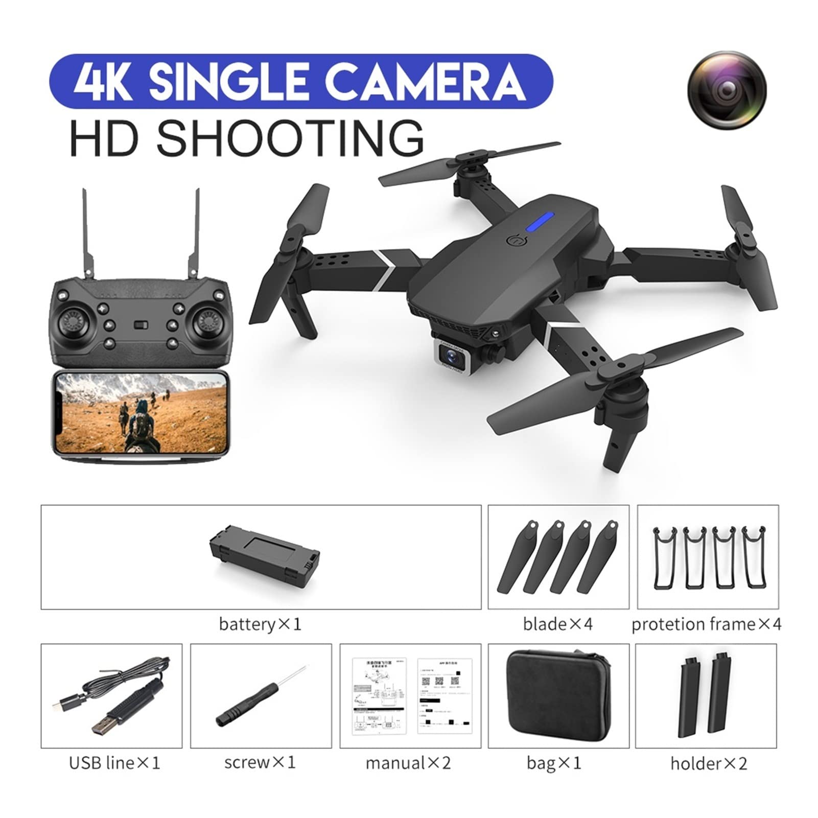 Dron Drone z szerokokątnym HD 4K 1080P Podwójna kamera Trzymaj wysokość WiFi RC Składany dron Quadcopter Dron (Kolor: torba 4K 3B Rozmiar: 1) (torba 4K 1)