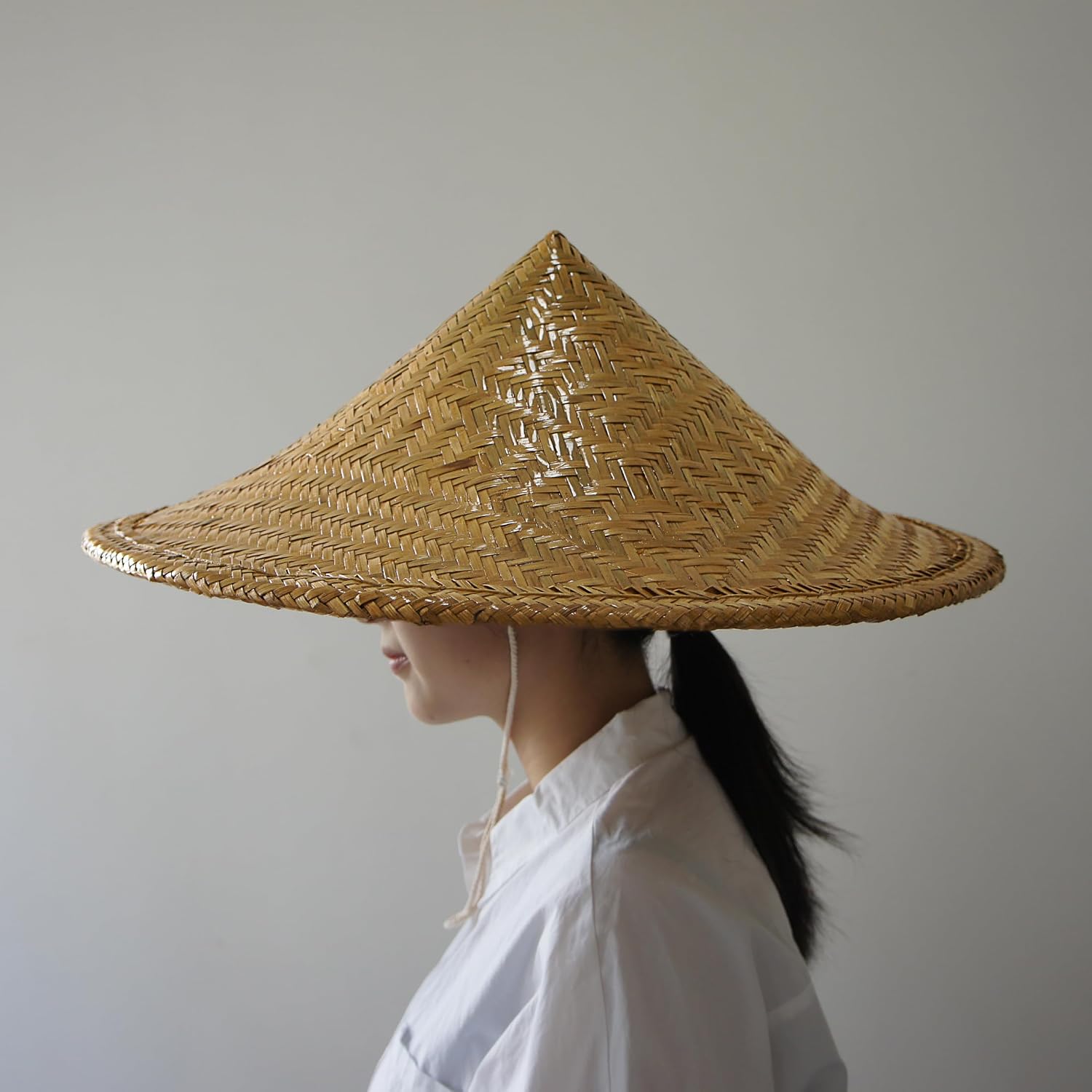 Chinese Bamboo Hat Oriental Asian Japanese Garden Fish Conical Cap Dia.20 Deepth 7" Yellow
