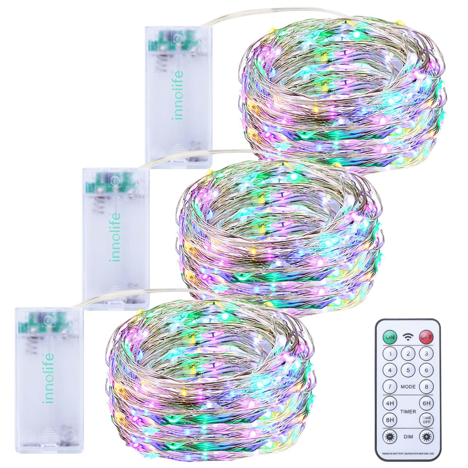 innolife Fairy Lights Battery, 3M 30LEDs 8 Modes String Lights Battery Operated, Silver Wire Fairy Lights with Remote Timer for Bedroom, Party, Wedding, Christmas Decorations(3 Pack, Multi Coloured)