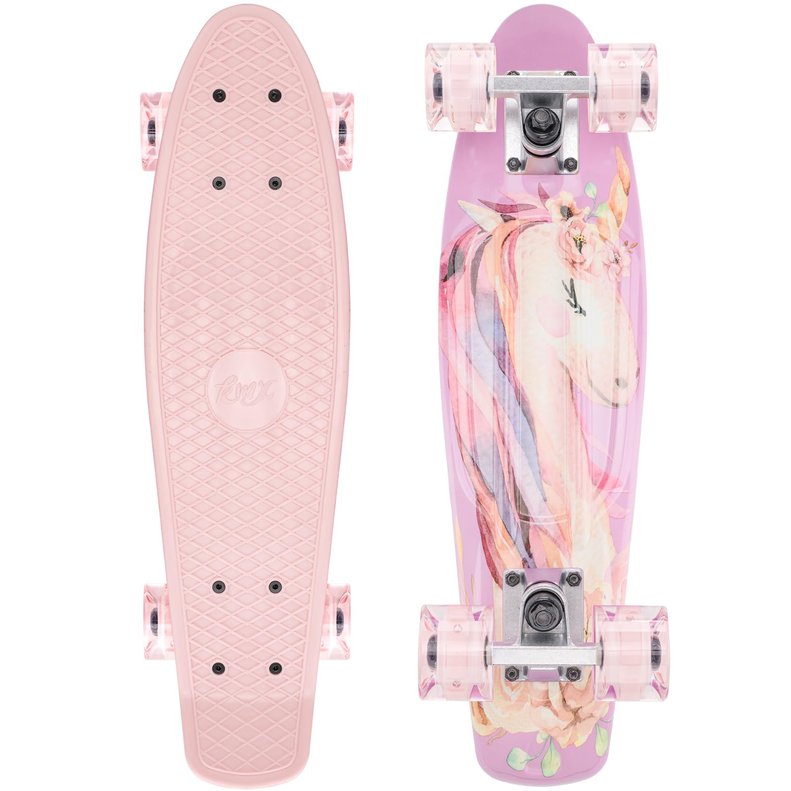 KMX Skateboard 22 Inch, Classic Cruiser Skateboard for Beginners, Mini Cruiser Skate Board for Boys, Girls. Small Penny Board Kids Led Light up Wheels(Cute Pink Unicorn) โ image 1