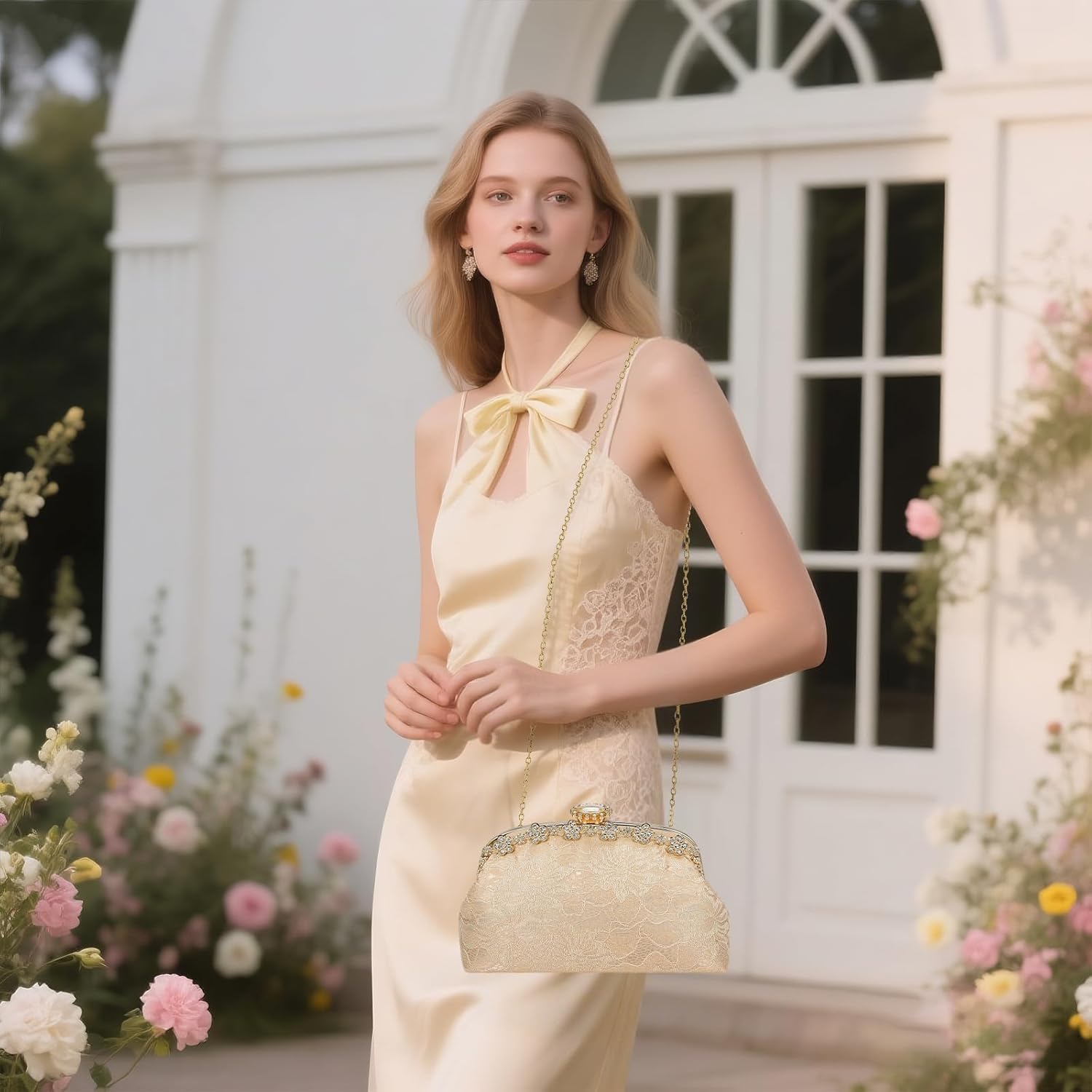 YYW Clutch Purse for Women Lace Formal Evening Bag with Rhinestones for Wedding Prom Party Clutch Shoulder Cross Body Handbag