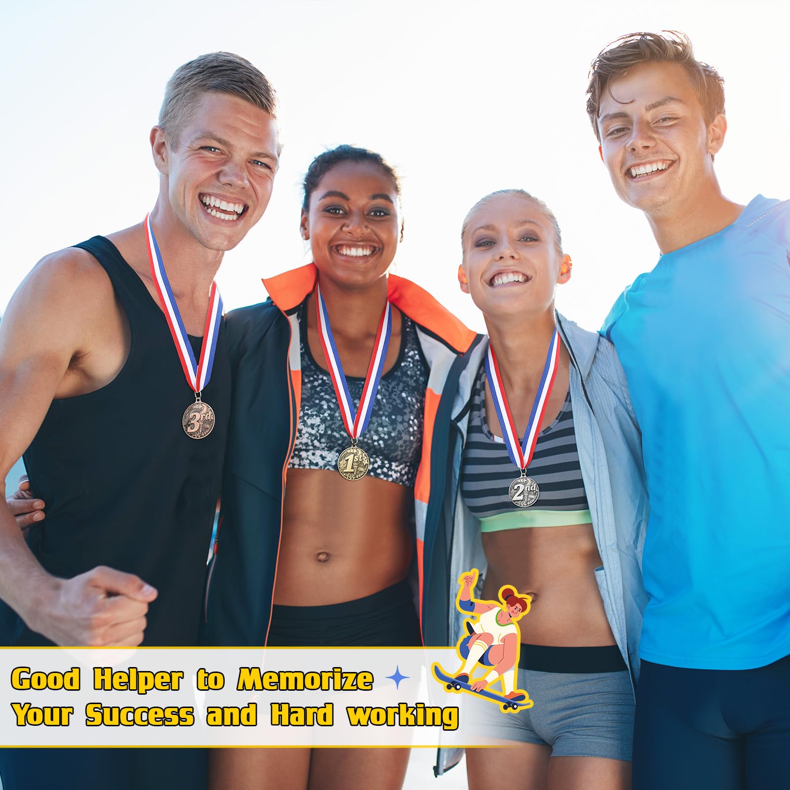 RoundFunny Medaillen für den 1., 2., 3. Platz, Medaillen für Auszeichnungen, Gewinnermedaille, Gold, Silber, Bronze, Medaille mit Halsband, Trophäe, Auszeichnung für Sportwettbewerbe, Party, 5,1 cm