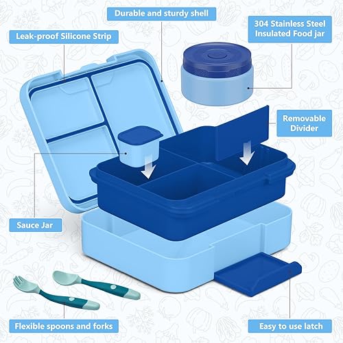 Miniatura 3 de Bento Box Set con 9.5 onzas de sopa termo para niños, contenedor a prueba de fugas con 4 compartimentos de acero inoxidable aislado para alimentos