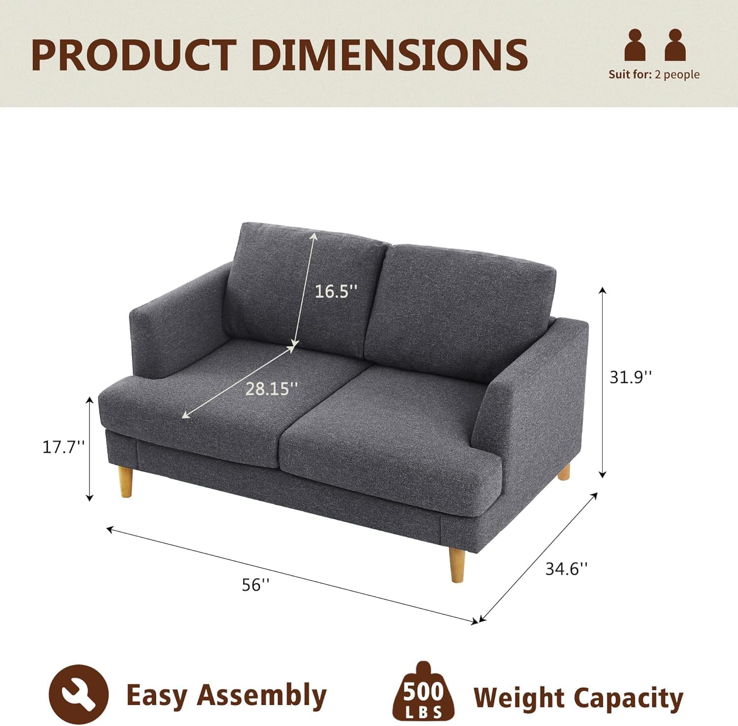 Busaurus Loveseat Sofa 56", Small Couches for Small Spaces, Mid Century Love Seat Couches for Living Room, Upholstered 2-Seater Deep Couch for Bedroom, Apartment, Dark Grey