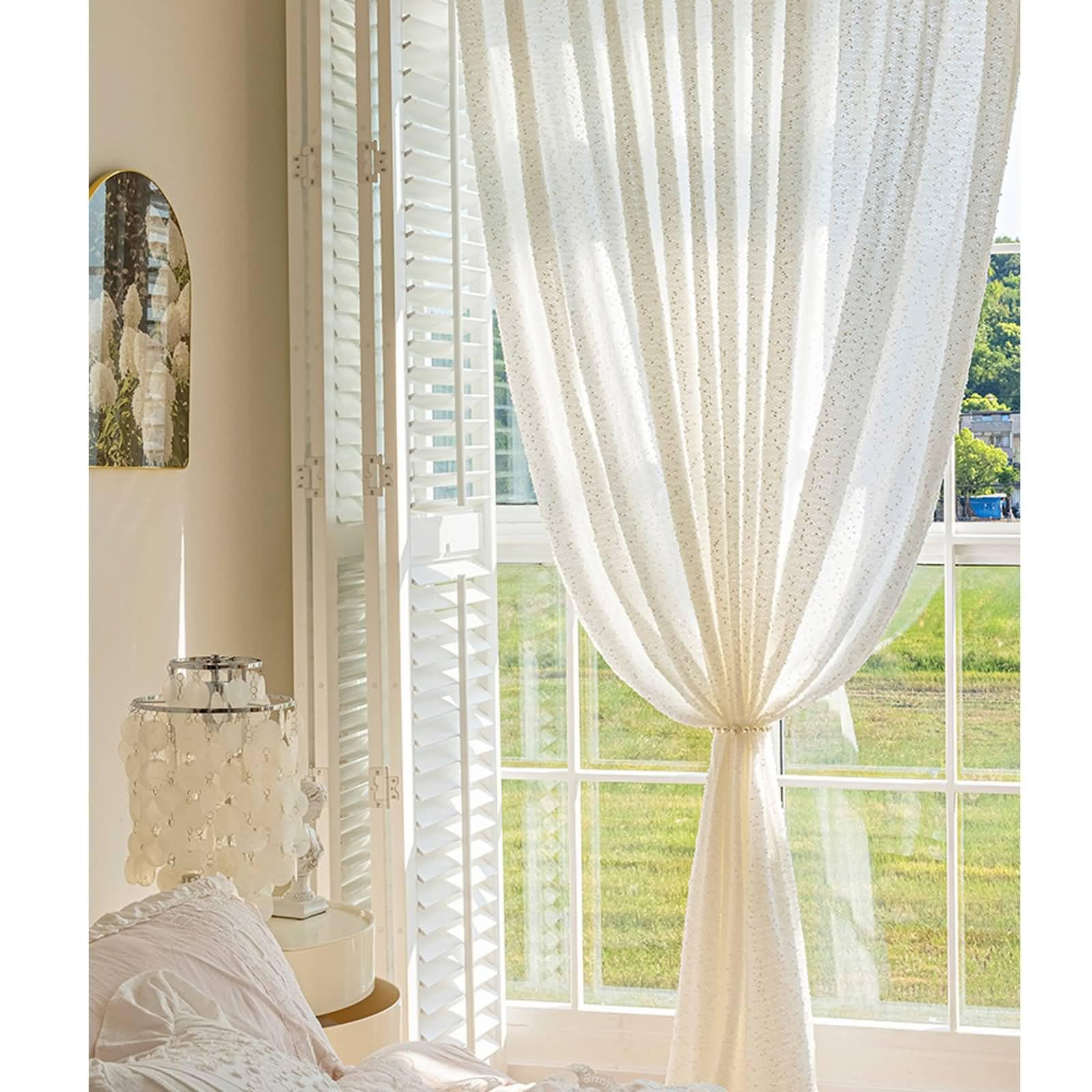 Rideau Transparent Occultant, 102x138cm Couleur Unie avec Pompon Rideau Transparent pour filtrage de la lumière du Salon en Fil, Blanc