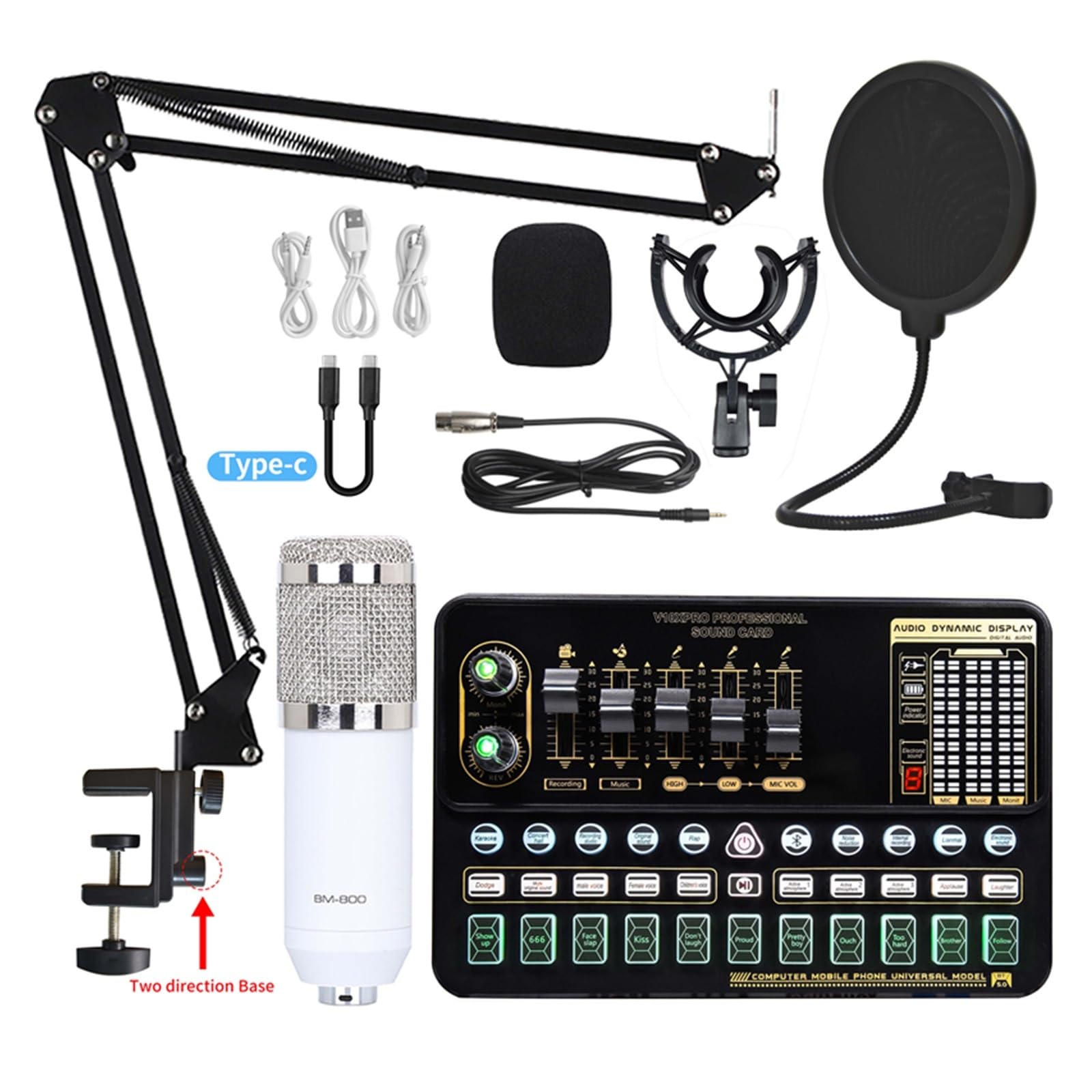 Soundkarten-Kit Professionelles Kondensatormikrofon BM 800 Drahtlose Bluetooth V10 PRO Soundkarte für PC Computer Telefon Karaoke Live-Gesang Gaming Studio Setu，White Bm800 1