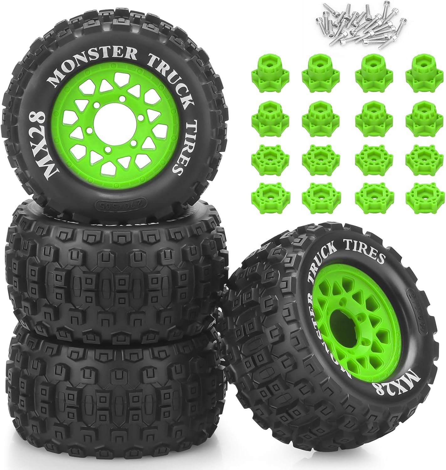 daitoku MX28 F/R 2.8" MT RC Tires with 12mm/14mm Hex Adapter RC Wheels and Tires Set 1/10 RC Car Wheels for Stampede Arrma Big Rock Granite VORTEKS 3S Traxxas Rustler 4PCS (Style D) - Green