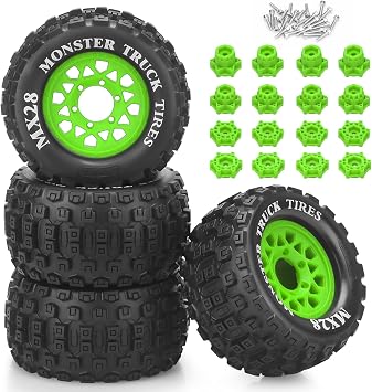 daitoku MX28 F/R 2.8" MT RC Tires with 12mm/14mm Hex Adapter RC Wheels and Tires Set 1/10 RC Car Wheels for Stampede Arrma Big Rock Granite VORTEKS 3S Traxxas Rustler 4PCS Style D - Green