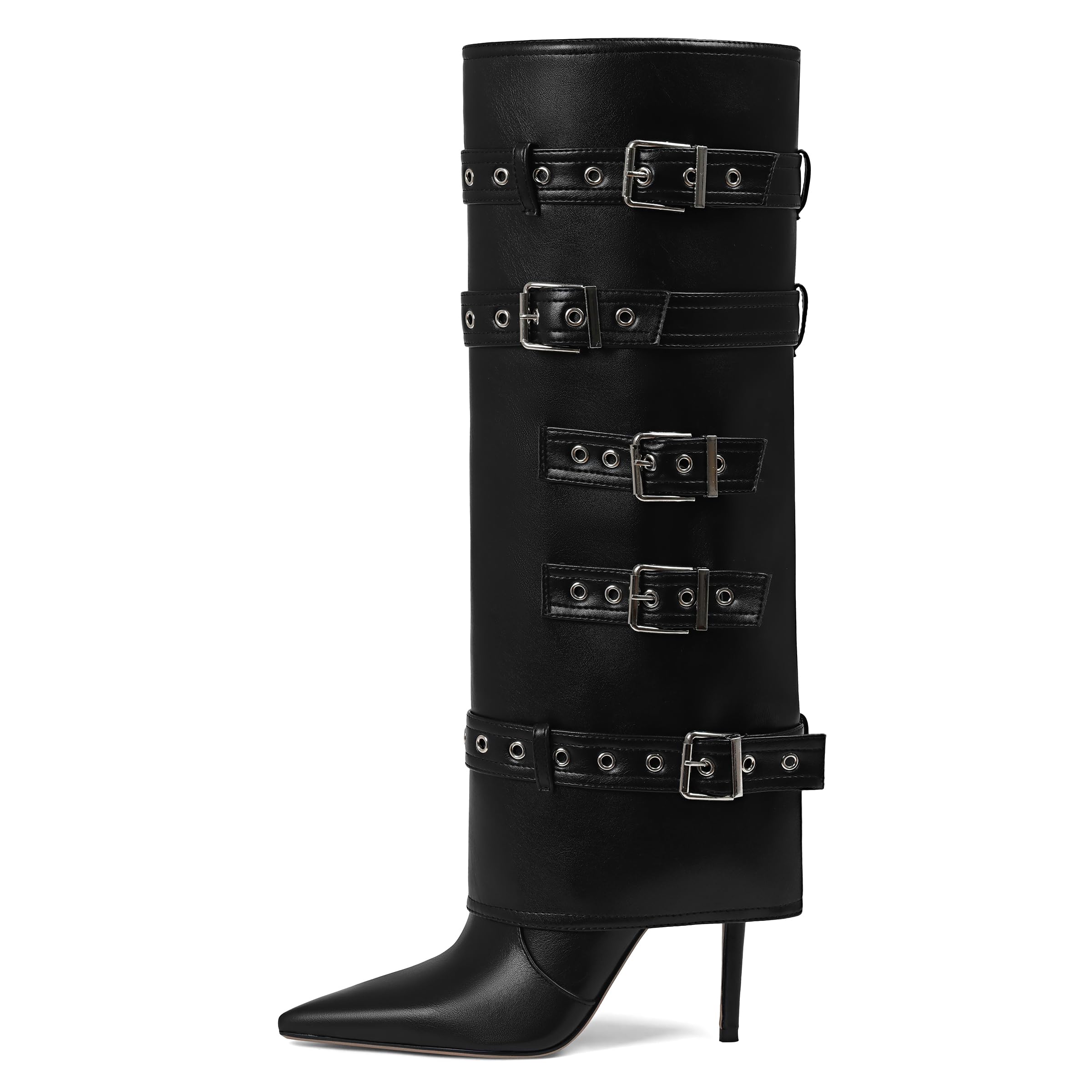 Knee High Boots Women Fold Over Tall Boots Leather Long Buckle Slouchy Shark Boot Pointed Toe Stiletto Heel