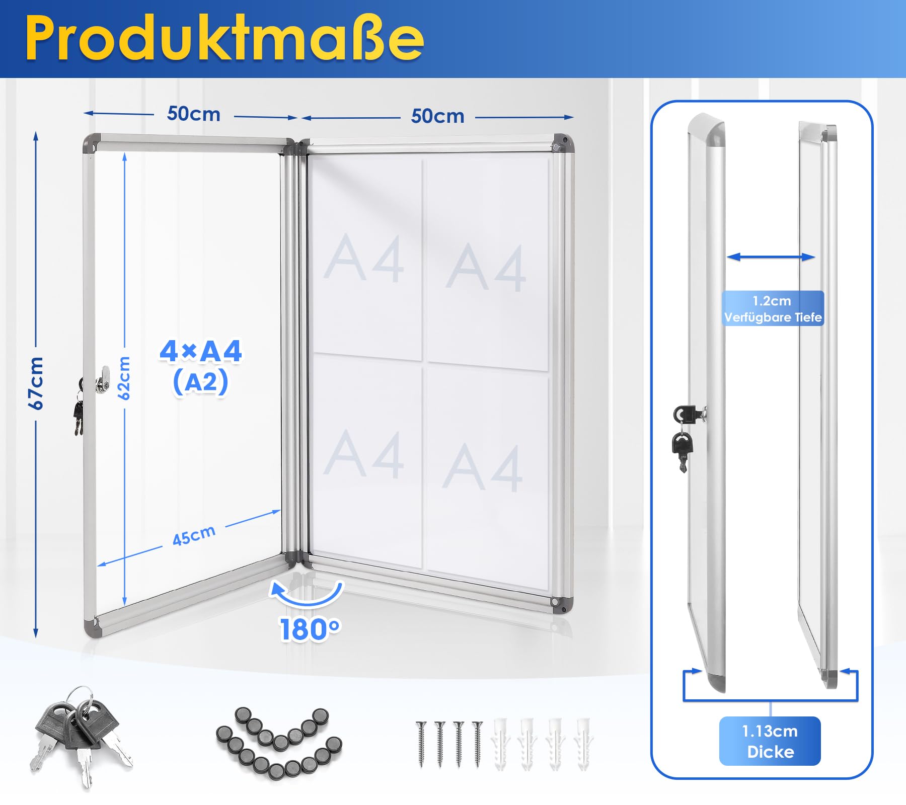 SWANCROWN Schaukasten 4xA4 Abschließbar Magnetisches Whiteboard Rückwand Aushang Aushangkasten für Hausflur, Condominio, Treppenhaus und Restaurant, 67 x 50 cm