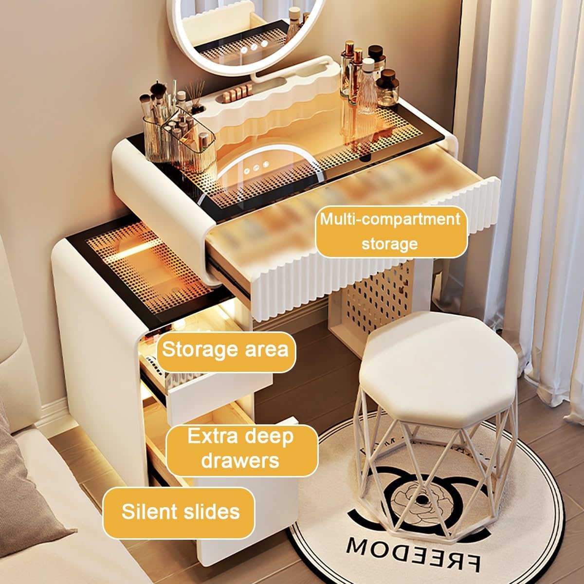 White Dressing Table Set,with Adjustable 3 Color LED Lights with Drawers Door Storage Cabinet Girls Makeup Table,Cushioned Stool,Modern Vanity Desk for Girls Bedroom Furniture(19in/50cm)