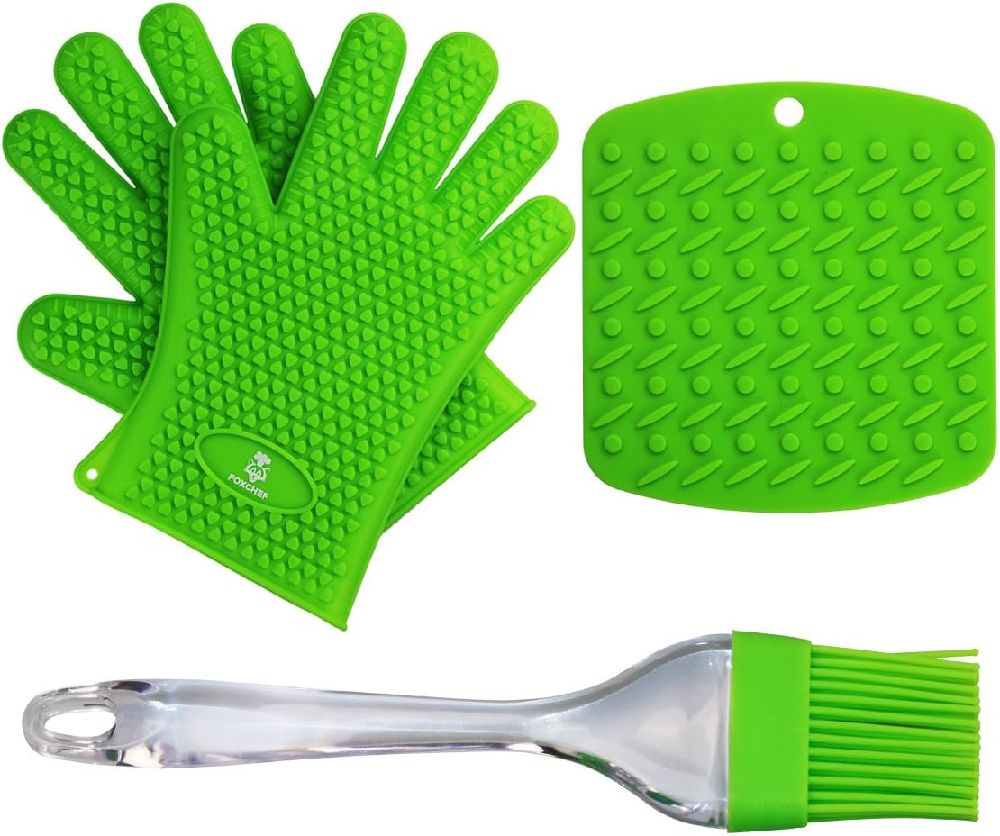 FoxChef Silicone Grill Oven Gloves Full Hand Grip Protection for Kitchen, Smoker, BBQ, Cooking, Insulated Waterproof - Plus 1 Sauce Basting Brush - 1 Non Slip Heat Resistant Silicone Mat (Green)