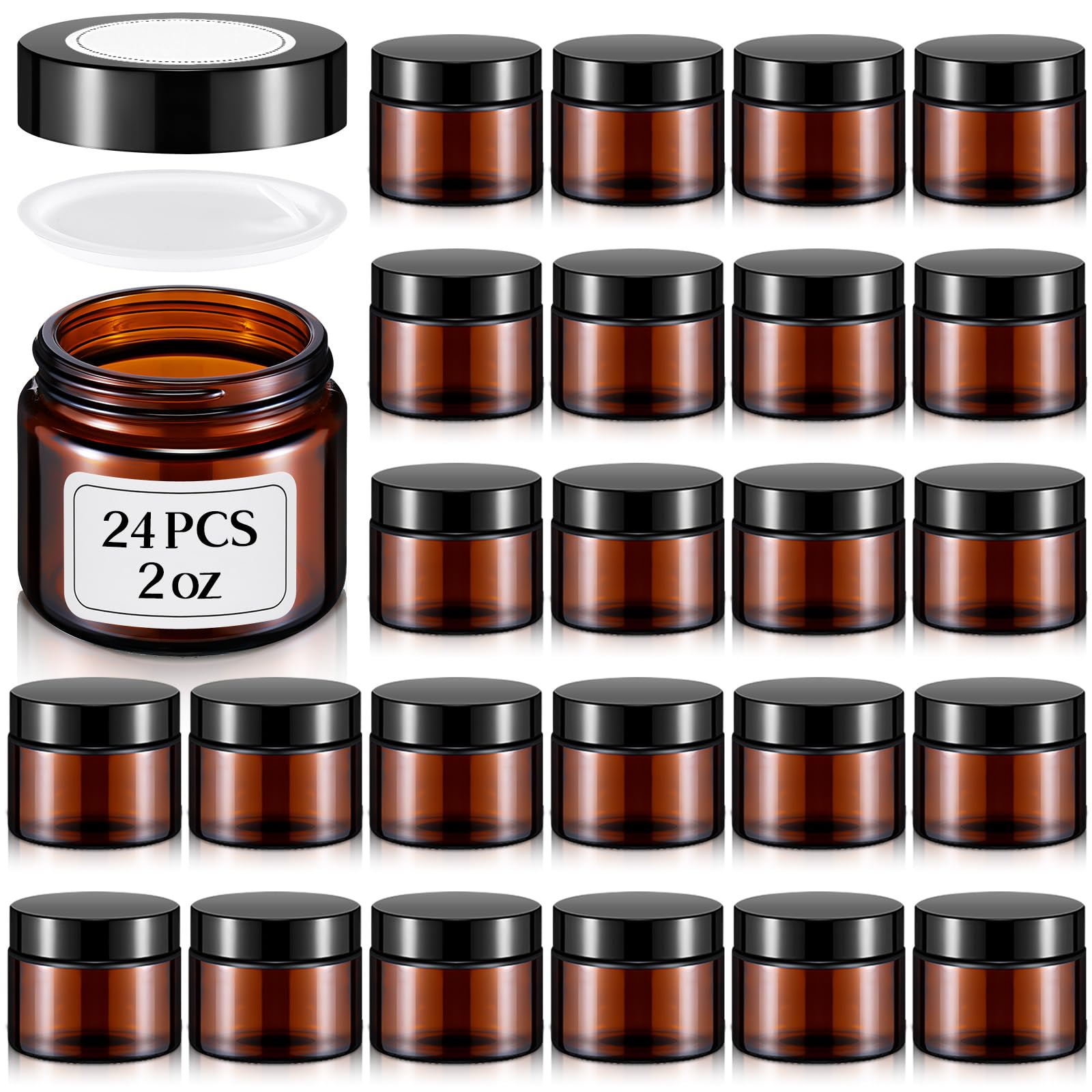 Layhit 24 Pcs 2 oz Glass Jars with Lids Bulk, Small Jars Containers Travel Storage Jar with Inner Liners Labels for Lotions, Cream, Lip Balm (Amber,