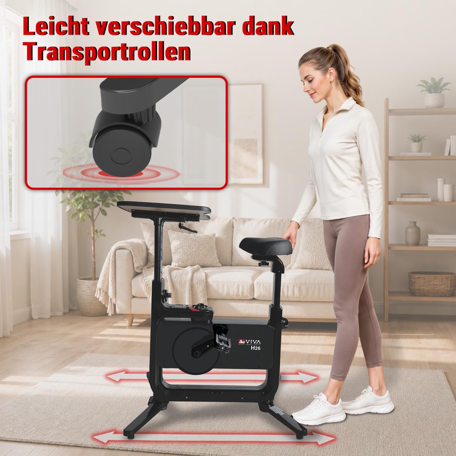 AsVIVA H26 Desk-Bike rower treningowy – rower biurkowy z regulowanym blatem, rower fitness do biura i domu, cichy hamulec magnetyczny, 8 poziomów oporu, komfortowe siodełko 360°, kółka transportowe
